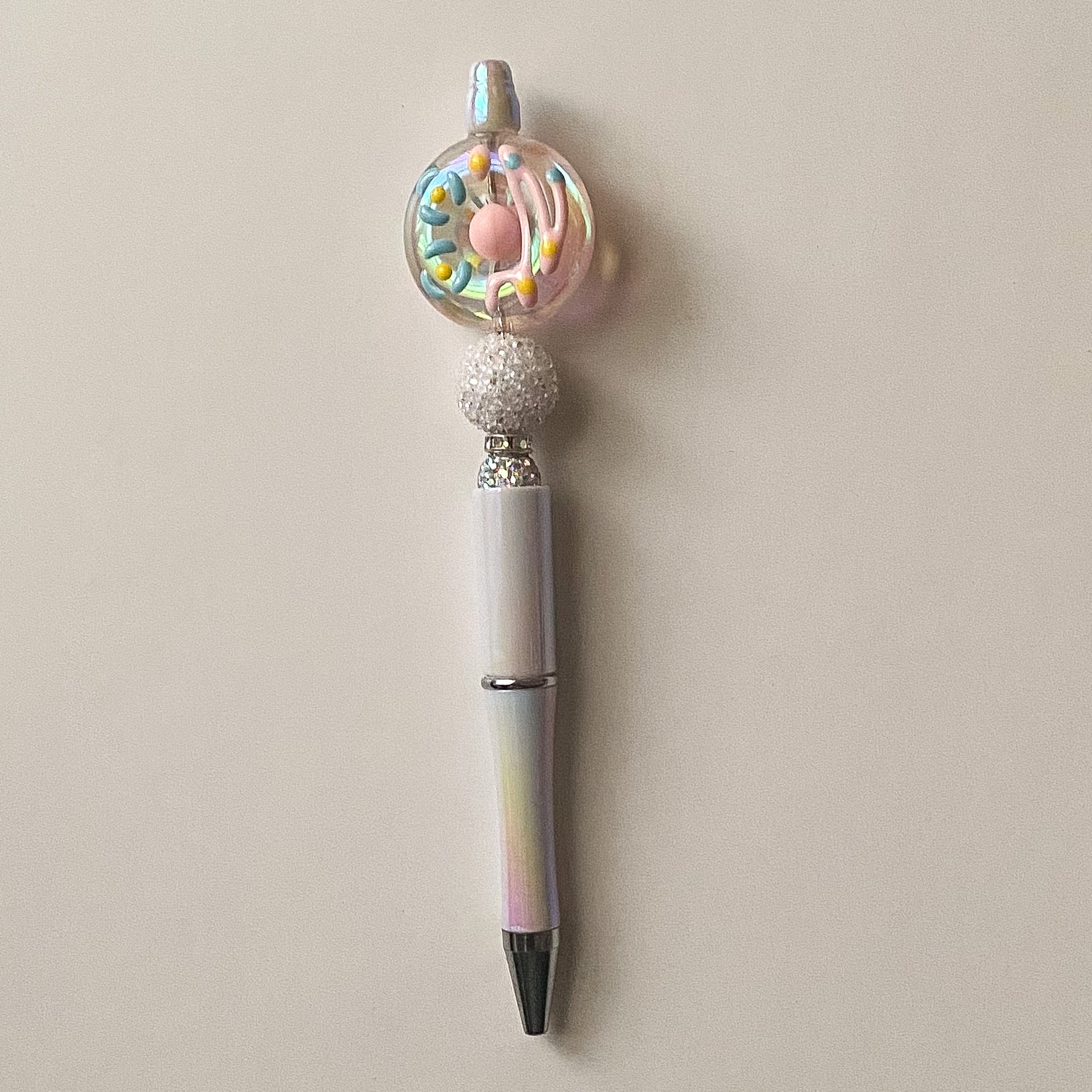White Frosted Donut Beaded Pen | Rhinestone Iridescent Handcrafted Desk Accessory