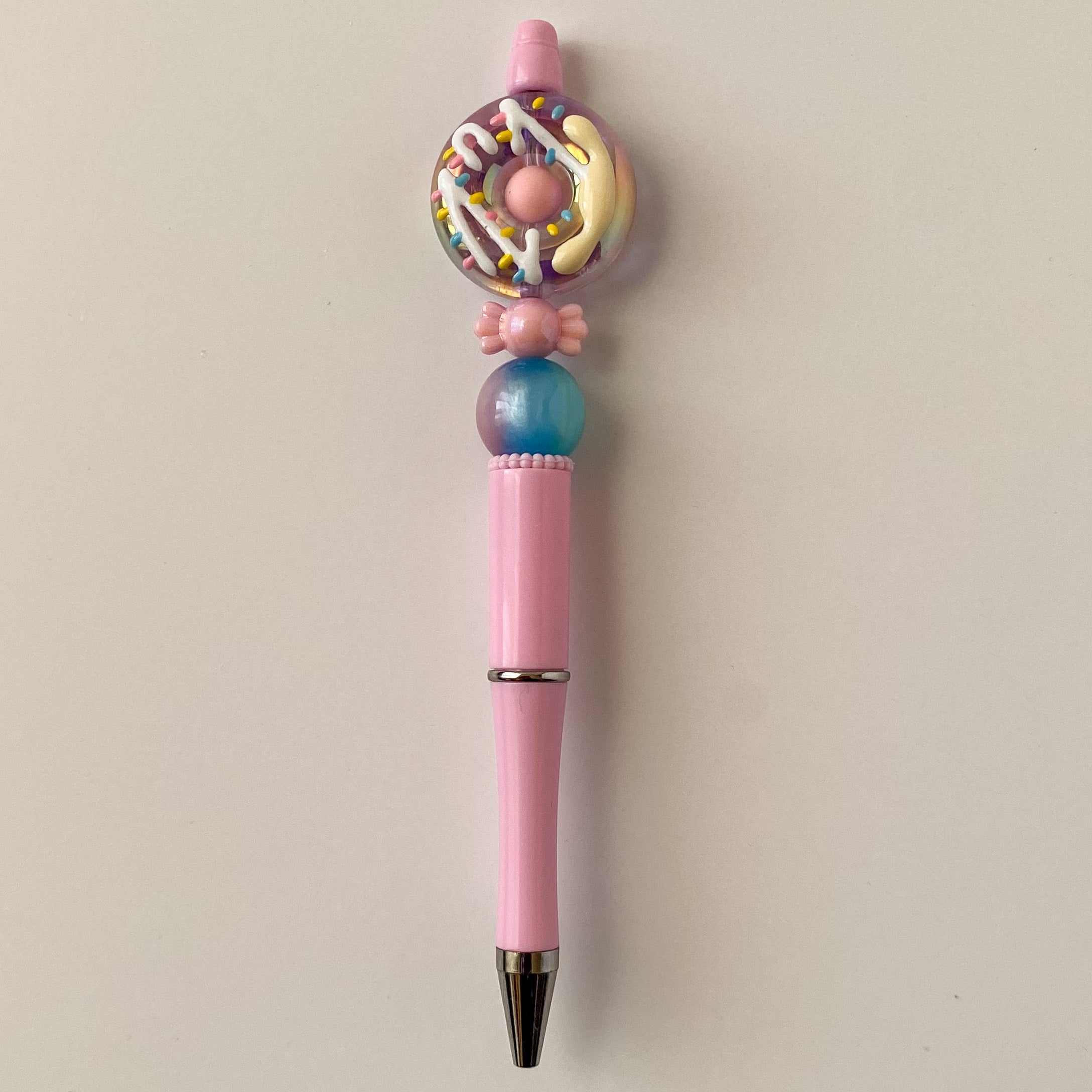 Frosted Iridescent Pink Donut Beaded Pen – Dessert Collection | Gift For Bakers Dessert Lovers