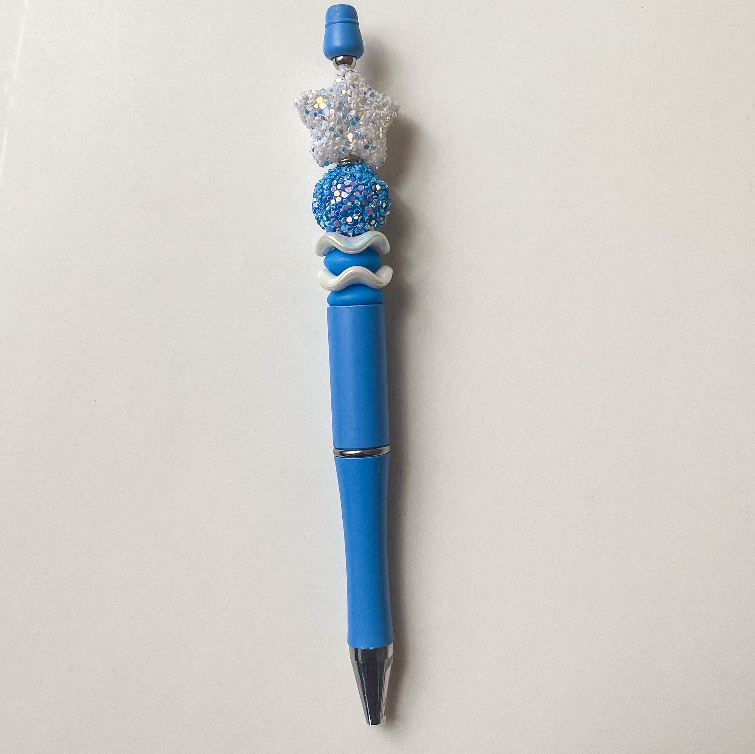White And Blue Glitter Star Beaded Pen | Handcrafted Gift For Stationery Lovers
