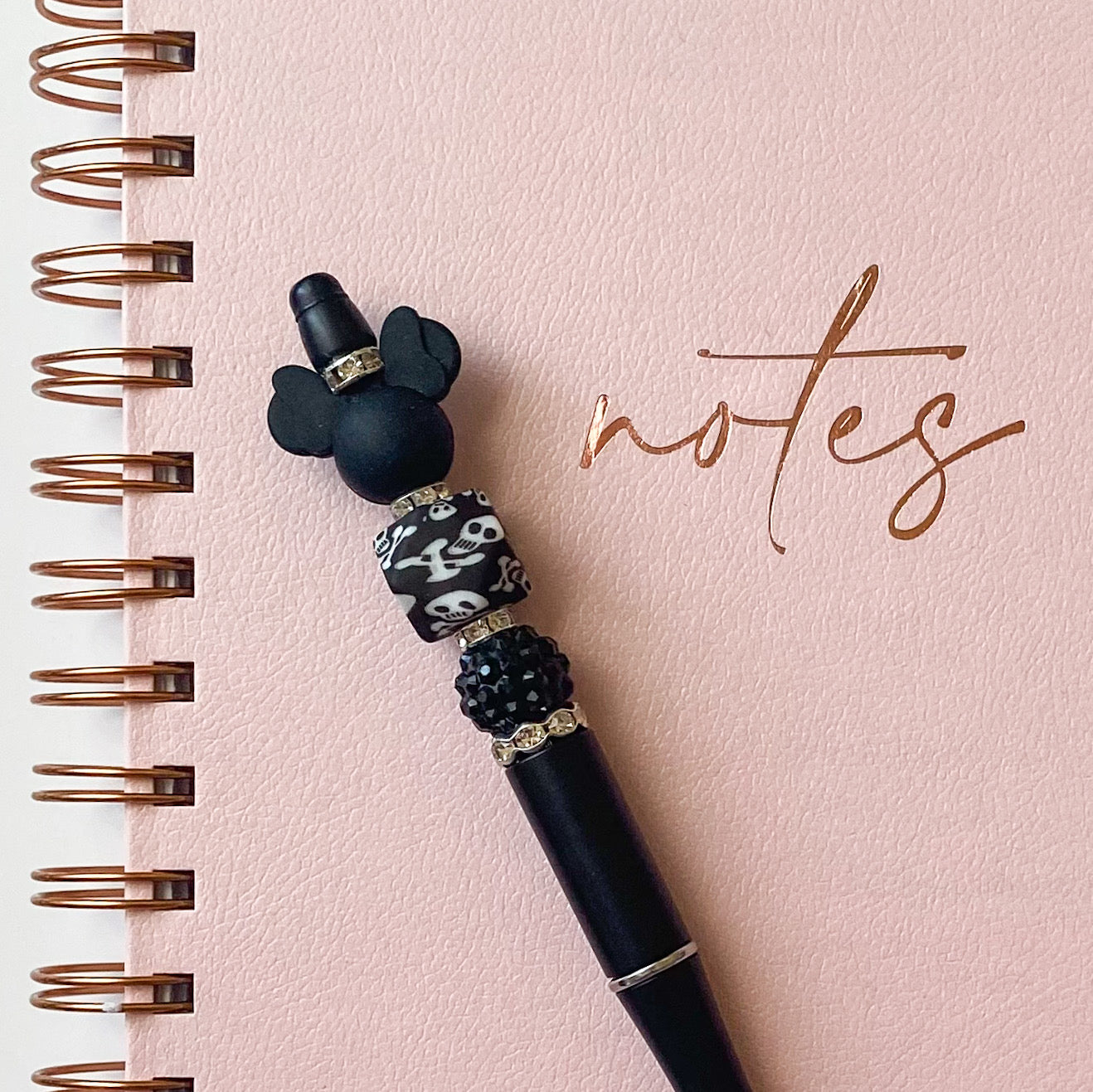 Whimsical Black Mouse With Rhinestones And Skull And Crossbones Beaded Pen | Cute Handmade Gift | Novelty Stationery