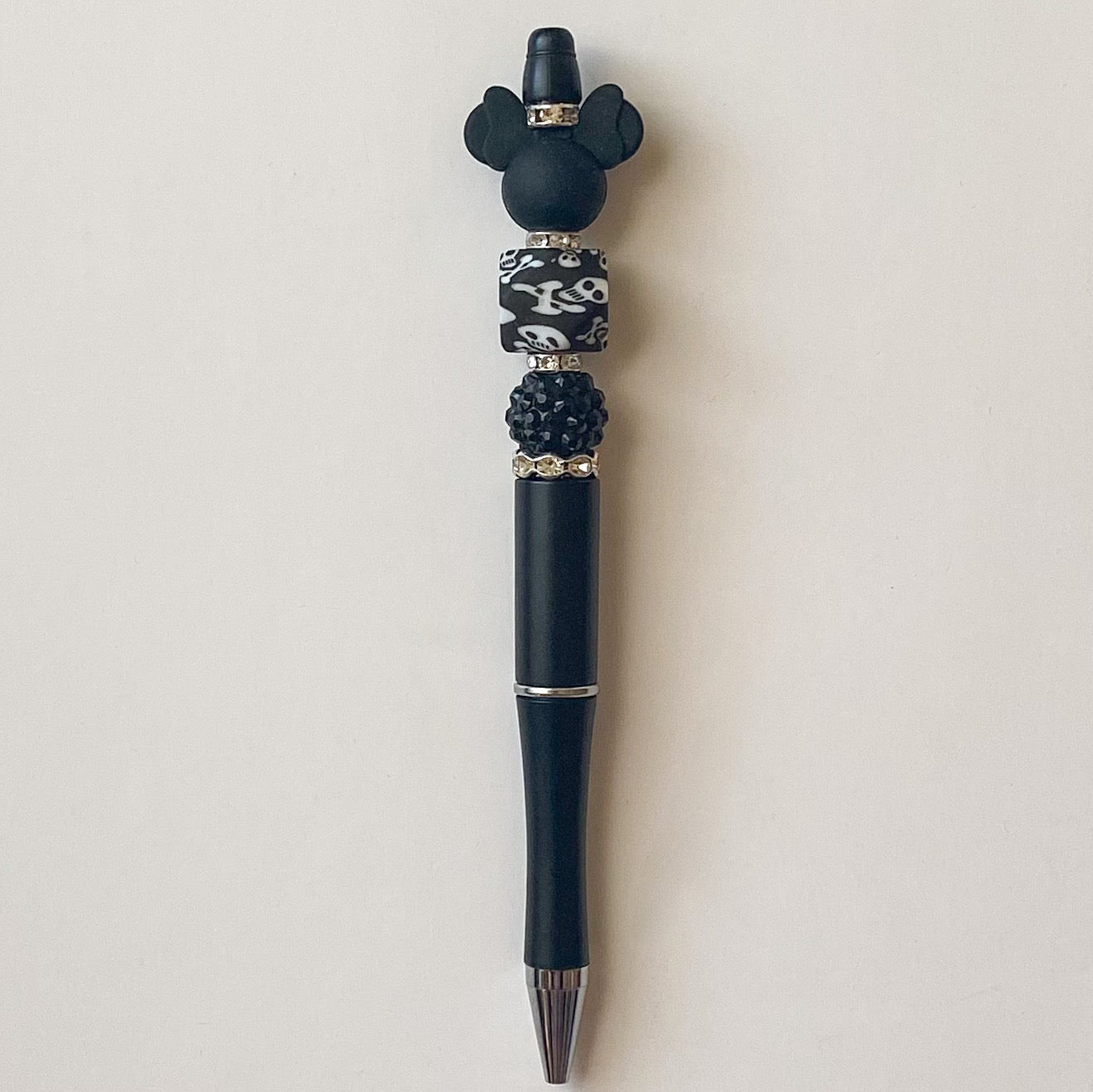 Whimsical Black Mouse With Rhinestones And Skull And Crossbones Beaded Pen | Cute Handmade Gift | Novelty Stationery