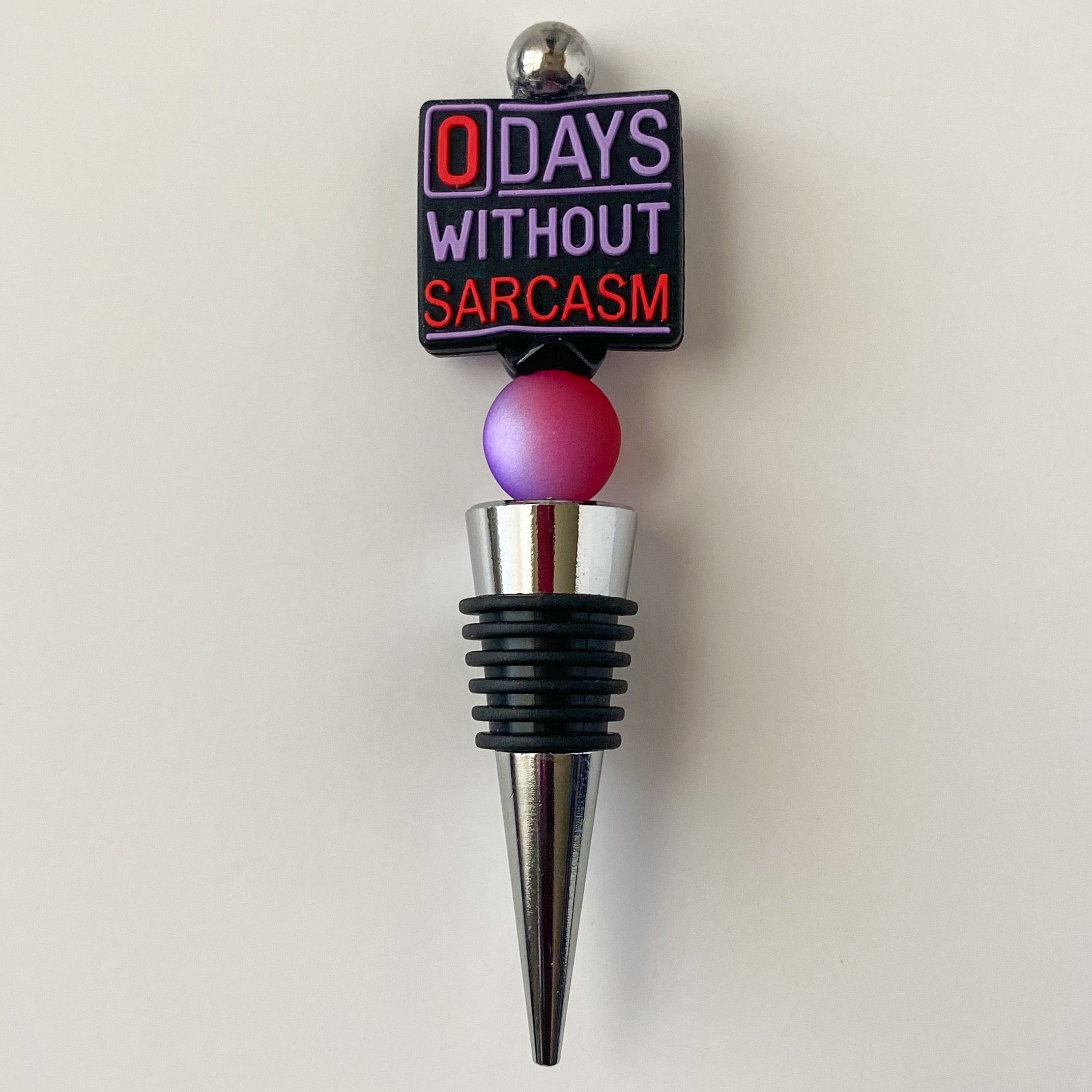 "0 Days Without Sarcasm" Beaded Wine Stopper | Funny Gift for Wine Lovers