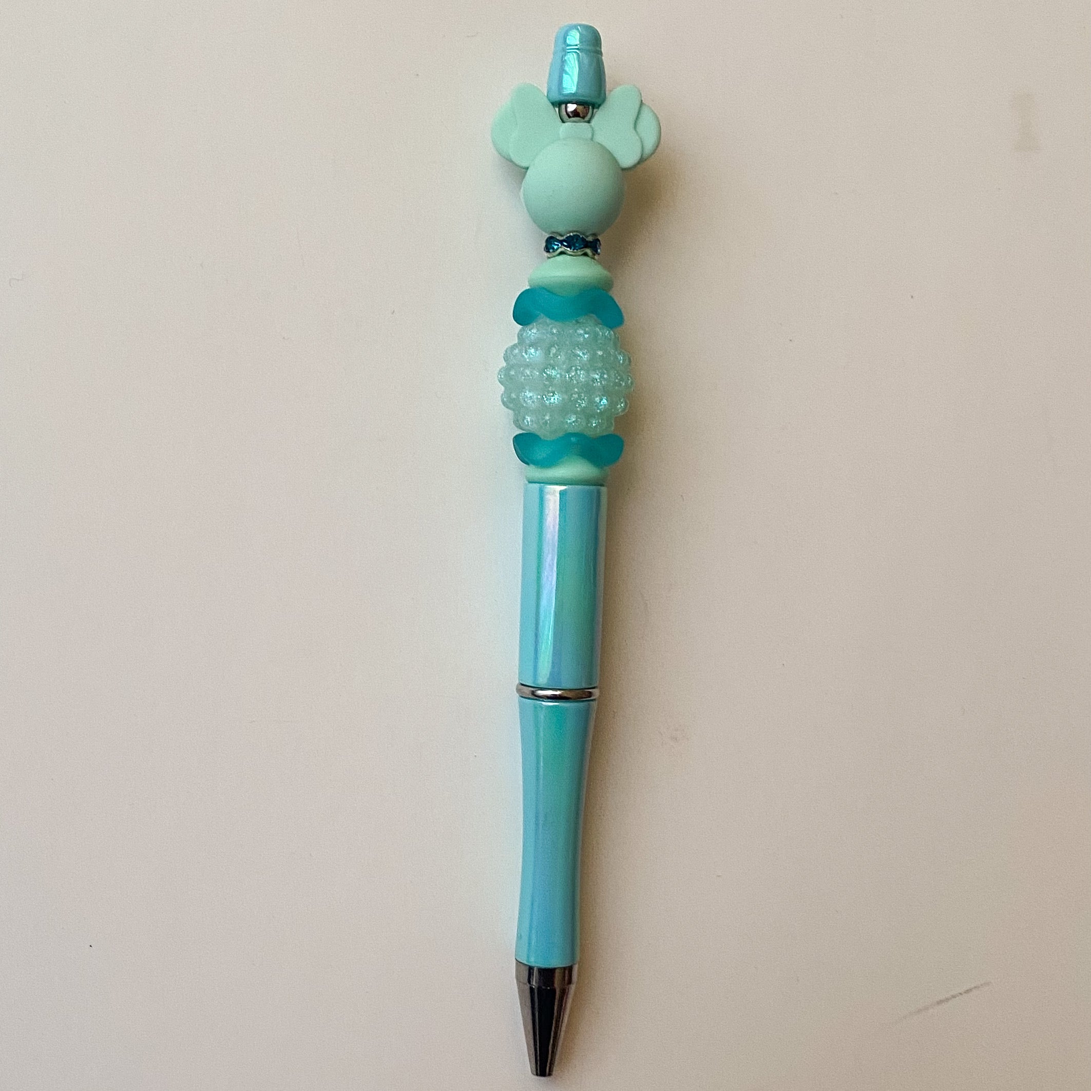 Whimsical Sea Green Mouse With Sea Green Sparkly Bumpy Round Beaded Pen | Cute Handmade Gift | Novelty Stationery