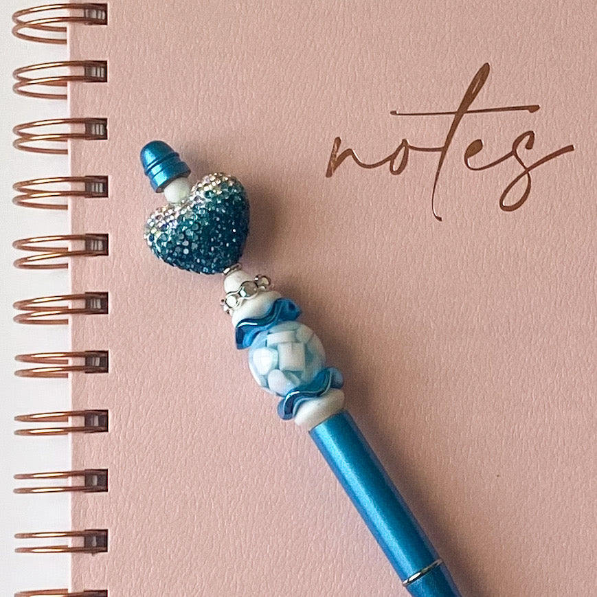 Blue Ombré Rhinestone Heart Beaded Pen | Signature Handmade Statement Pen