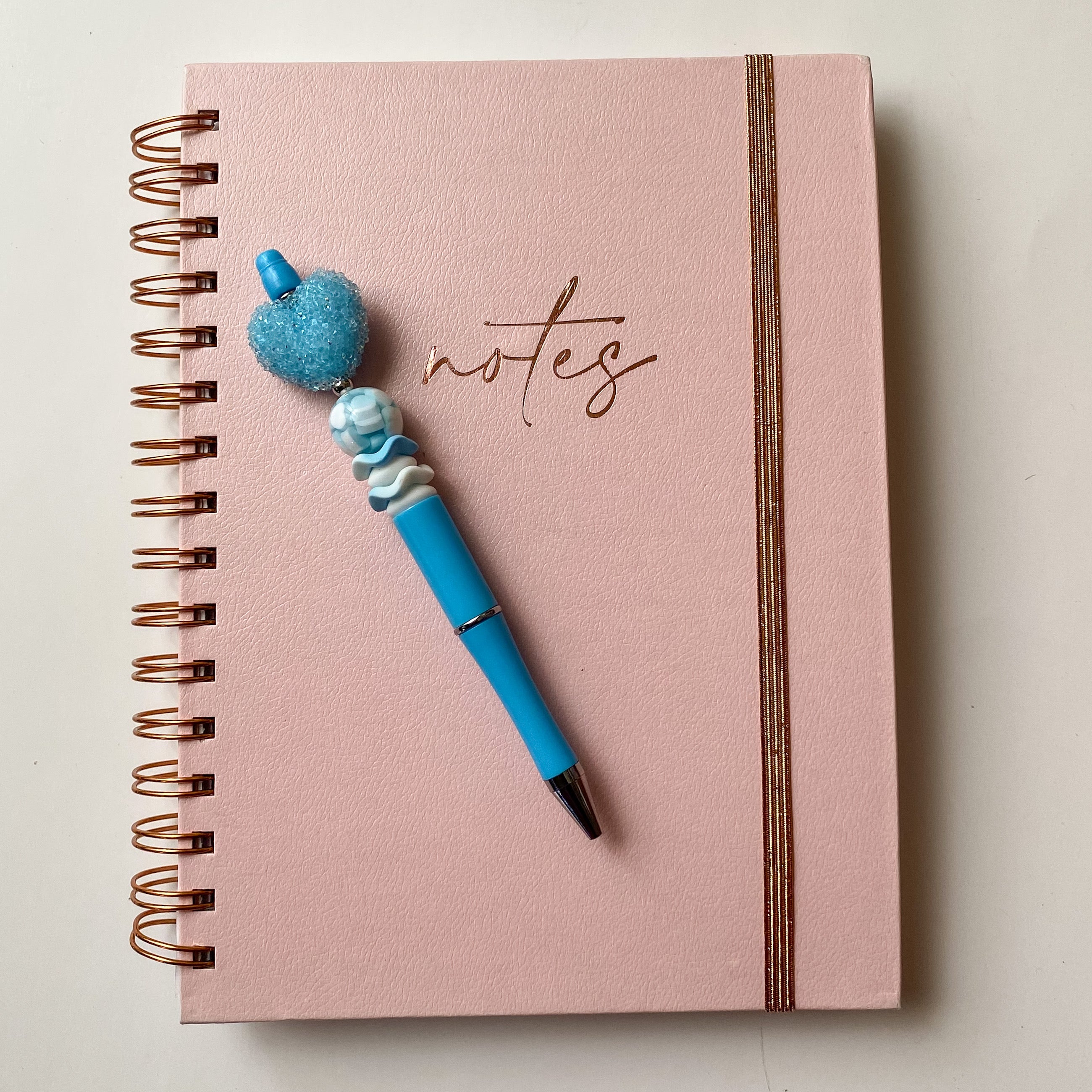 Blue sugar bubblegum heart pen with blue and white accent beads, handmade gift for her
