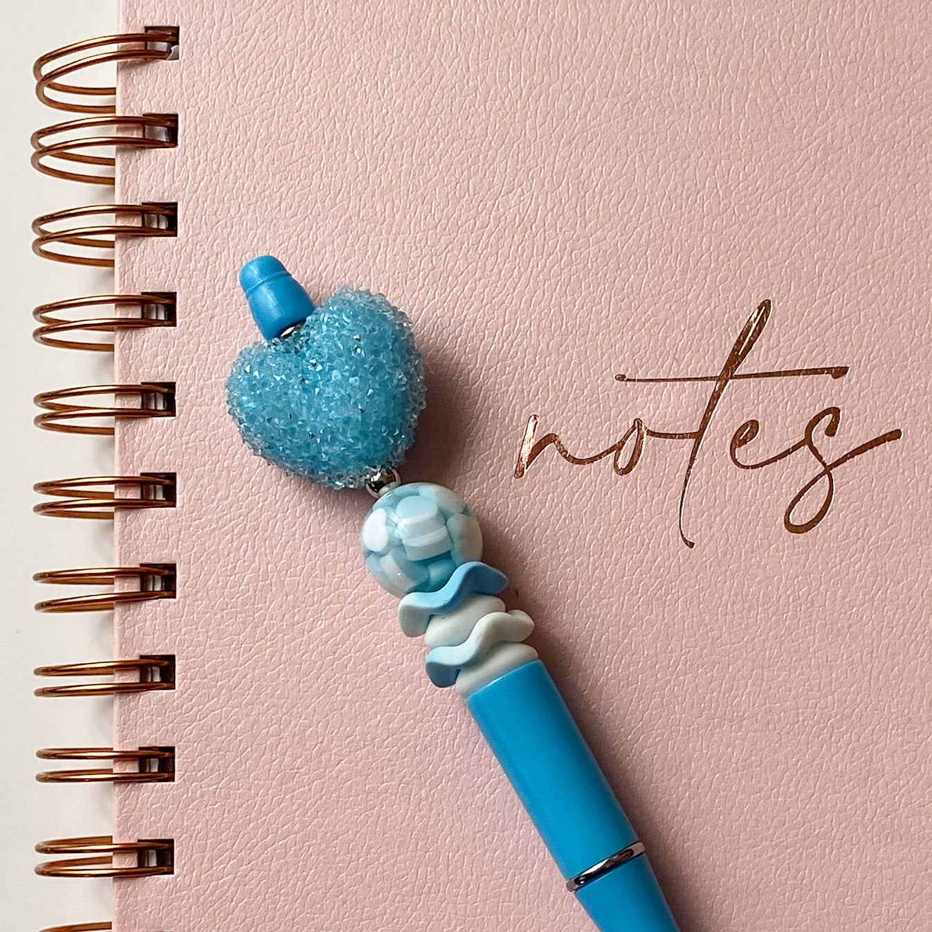 Blue sugar bubblegum heart pen with blue and white accent beads, handmade gift for her