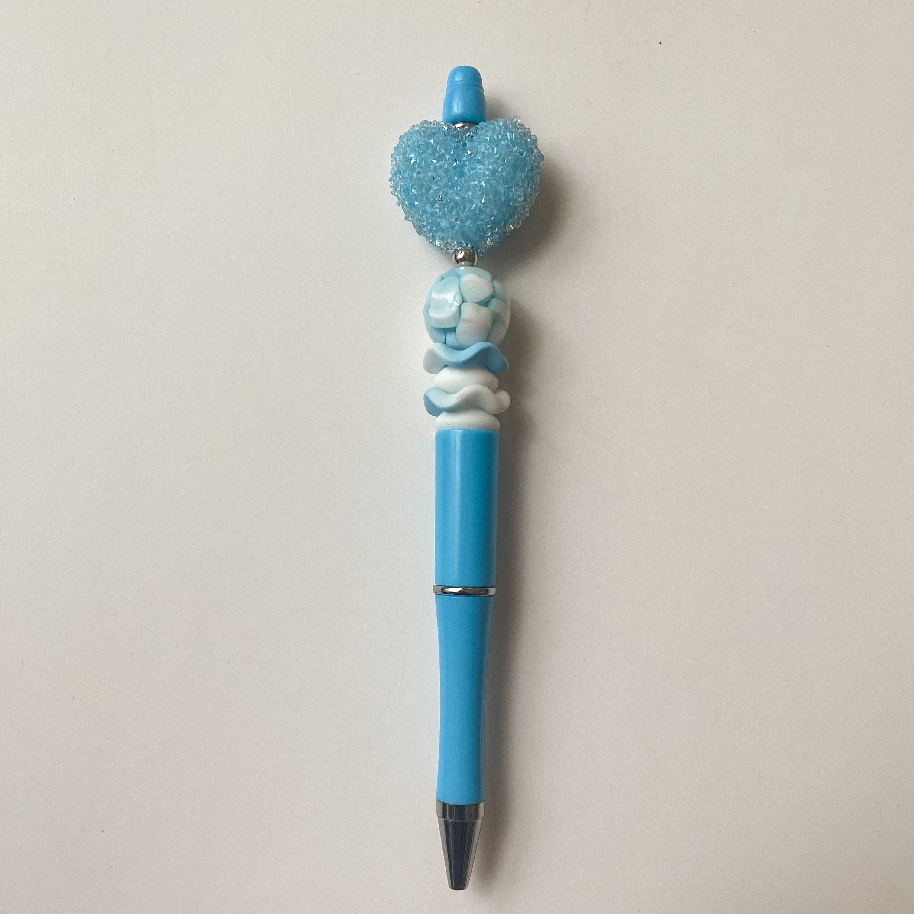 Blue sugar bubblegum heart pen with blue and white accent beads, handmade gift for her
