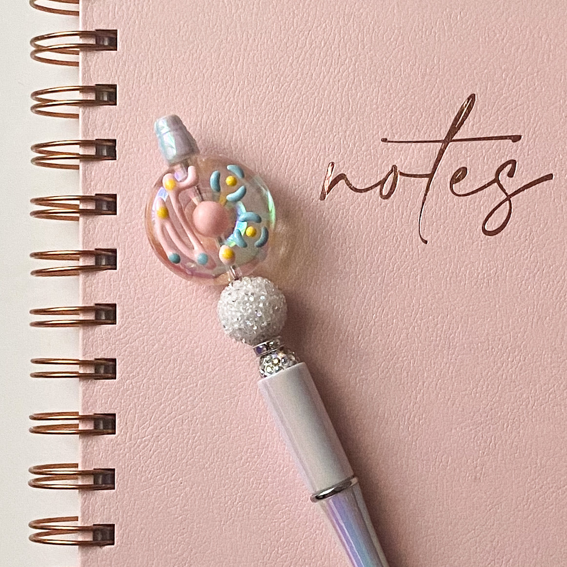 White Frosted Donut Beaded Pen | Rhinestone Iridescent Handcrafted Desk Accessory