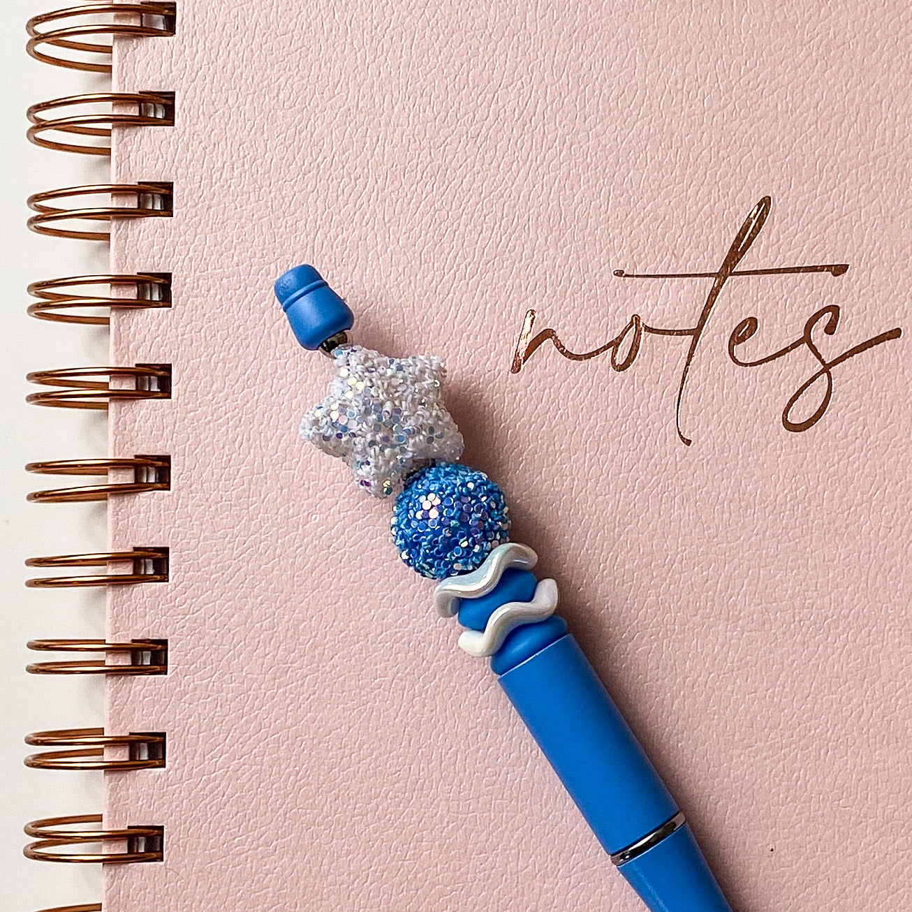 White And Blue Glitter Star Beaded Pen | Handcrafted Gift For Stationery Lovers
