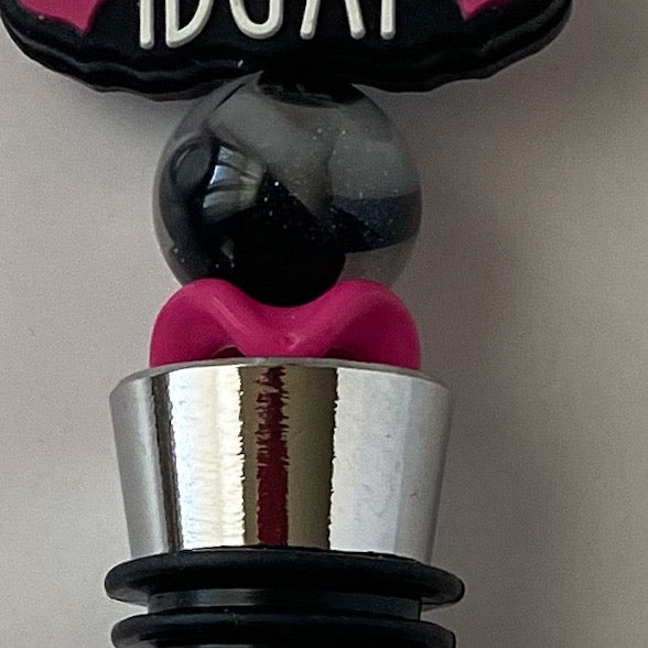 Black pink and white IDGAF wine stopper with matching accent beads, handmade gift for wine lovers