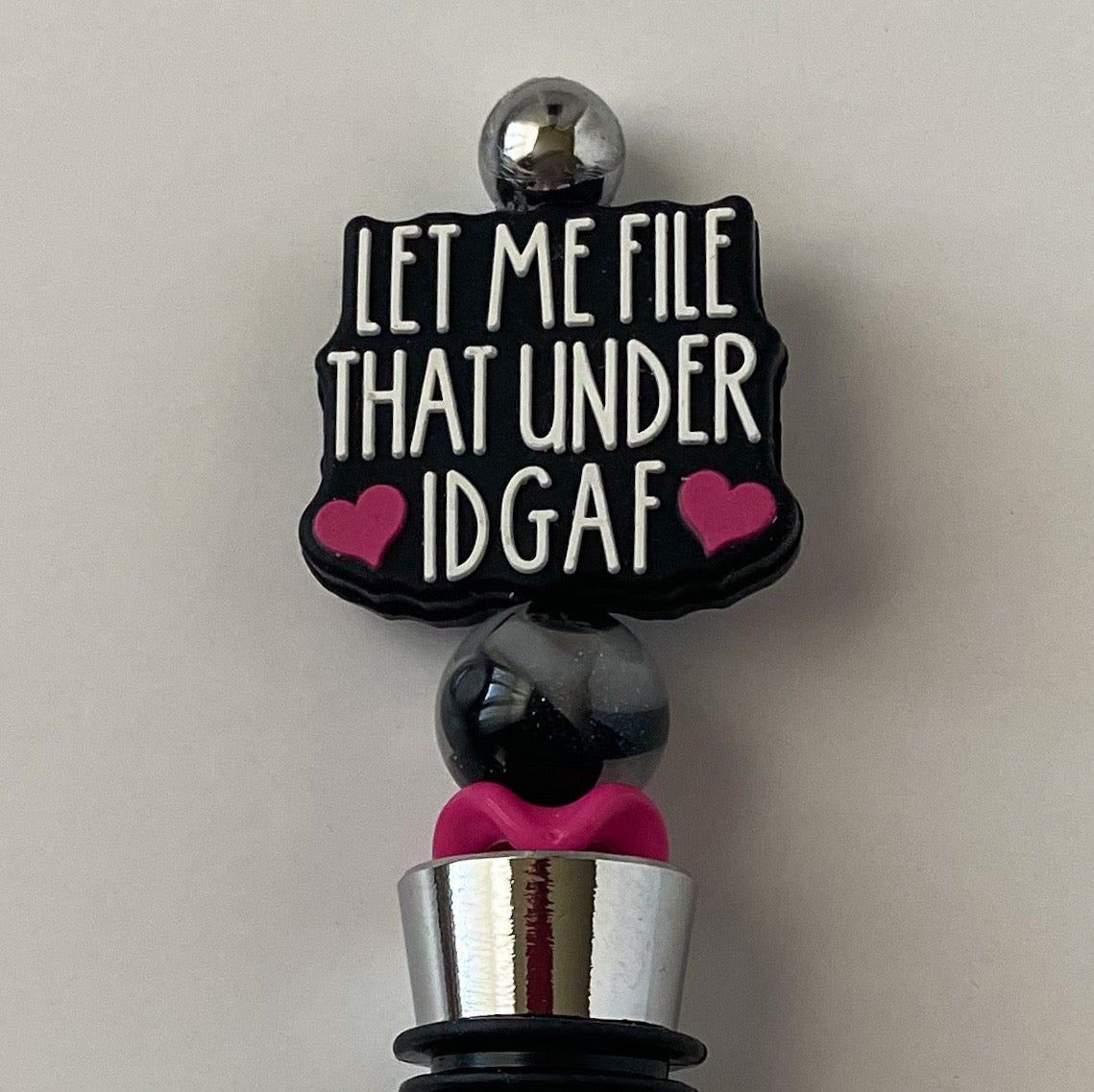 Black pink and white IDGAF wine stopper with matching accent beads, handmade gift for wine lovers