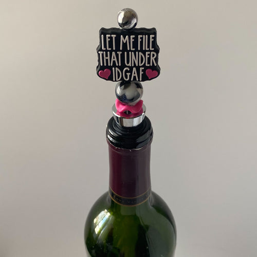 Black pink and white IDGAF wine stopper with matching accent beads, handmade gift for wine lovers