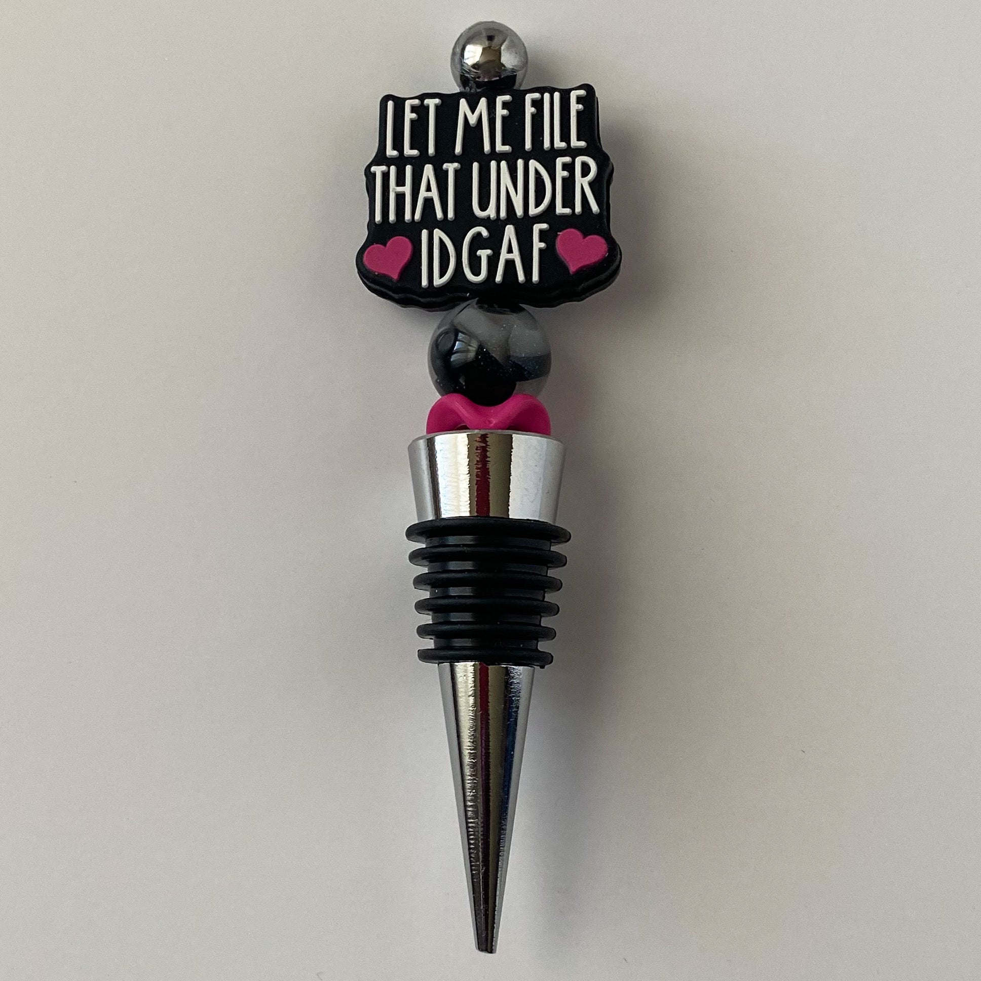 Black pink and white IDGAF wine stopper with matching accent beads, handmade gift for wine lovers