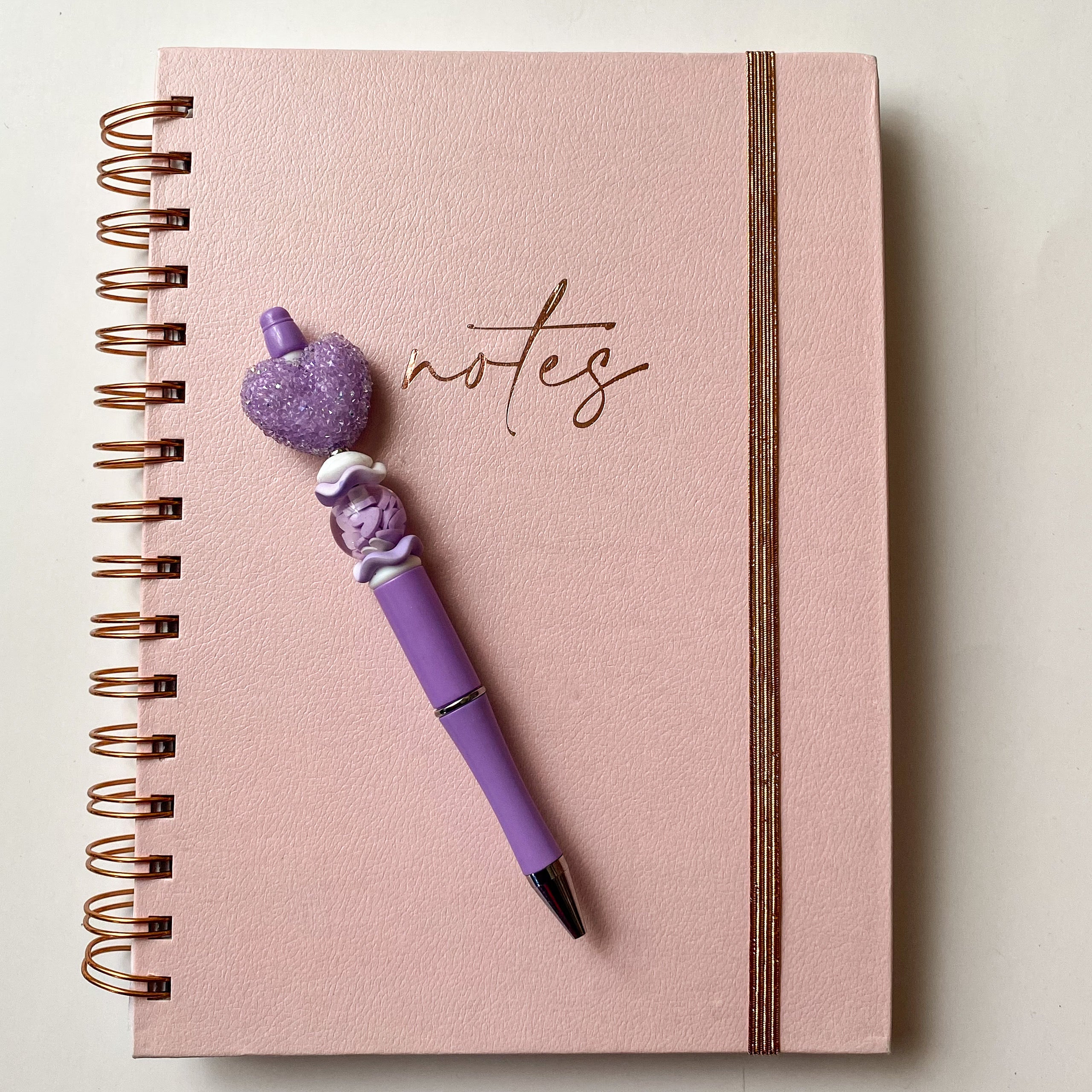 Lavender sugar bubblegum heart pen with purple and white accent beads, handmade gift for her