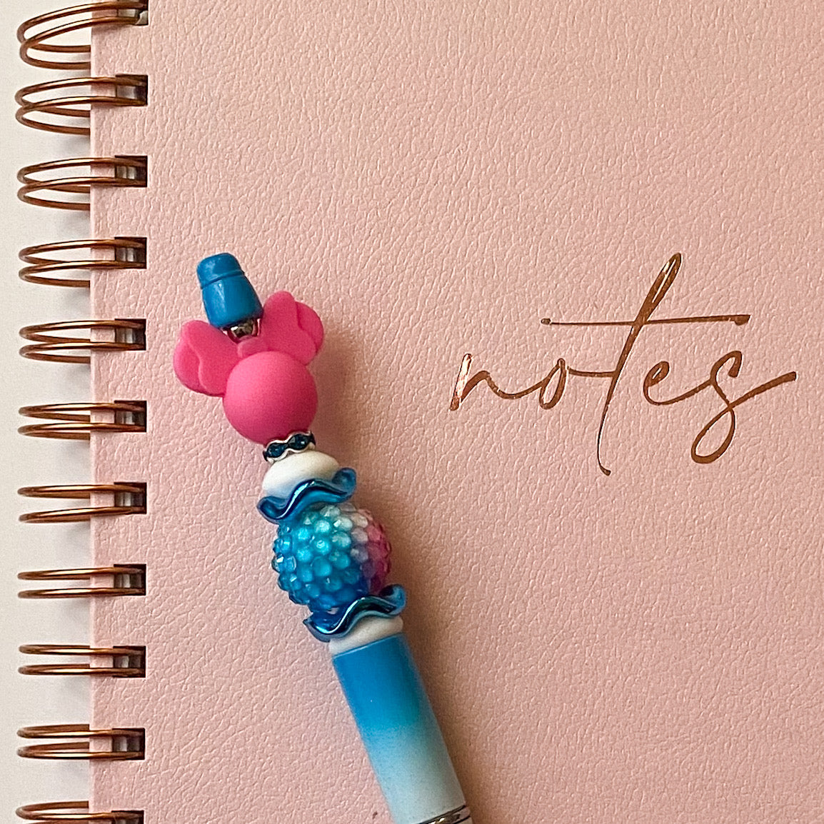 Hot pink whimsical mouse head with ombre rhinestone bead and matching pen base, handmade autograph pen gift ideas