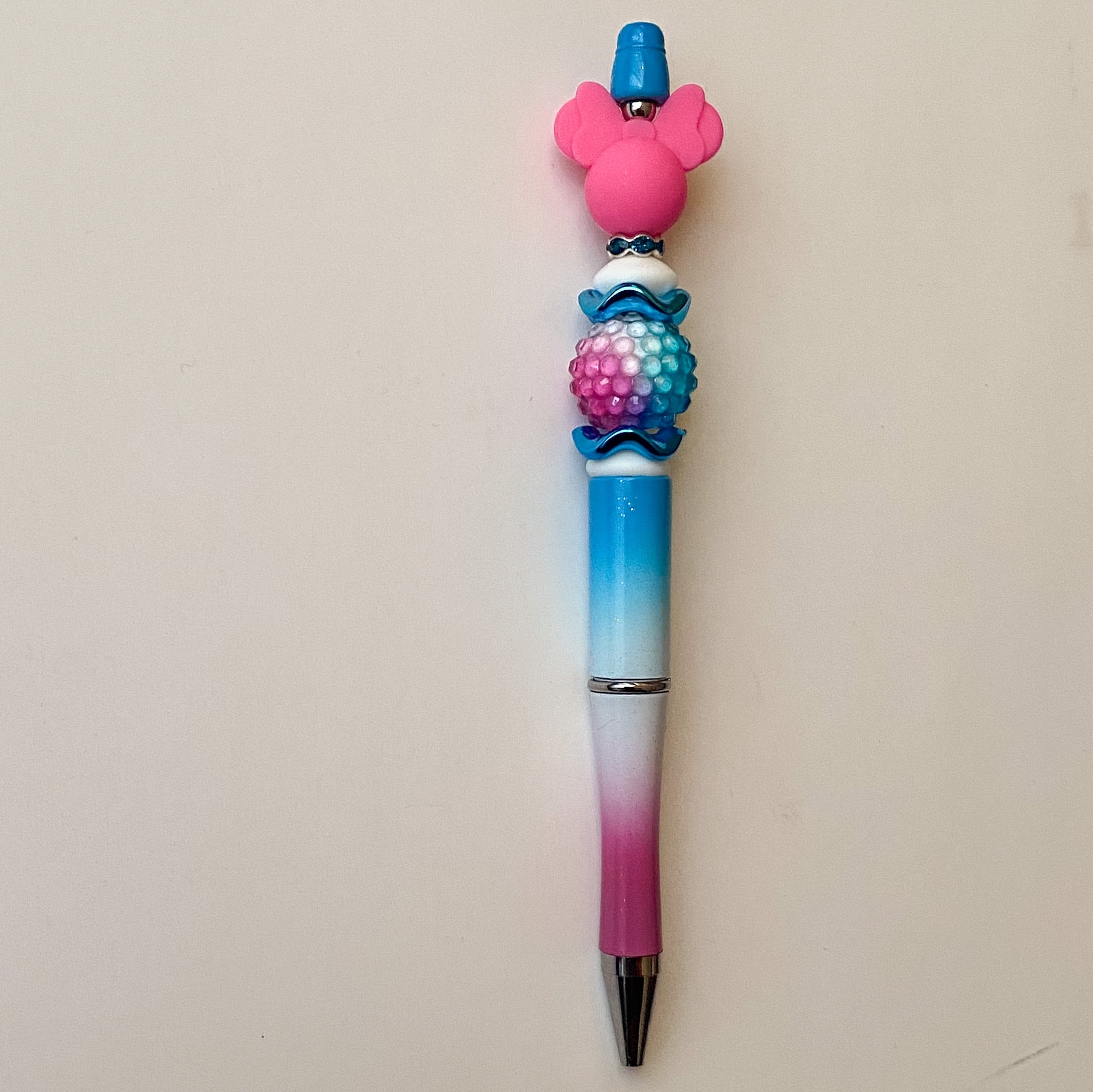 Hot pink whimsical mouse head with ombre rhinestone bead and matching pen base, handmade autograph pen gift ideas