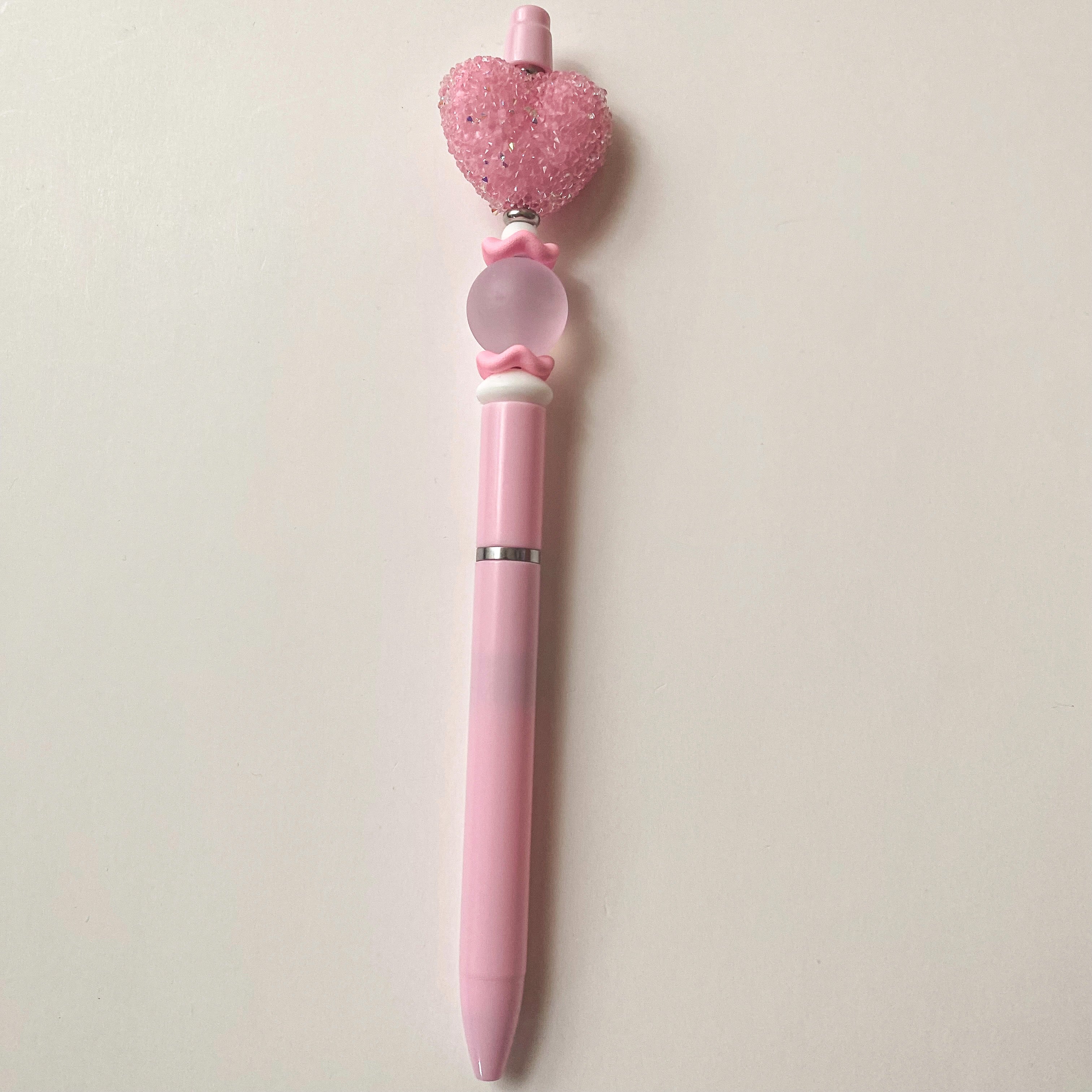 Pink sugar bubblegum heart pen with pink cat's eye beads, handmade gift for her
