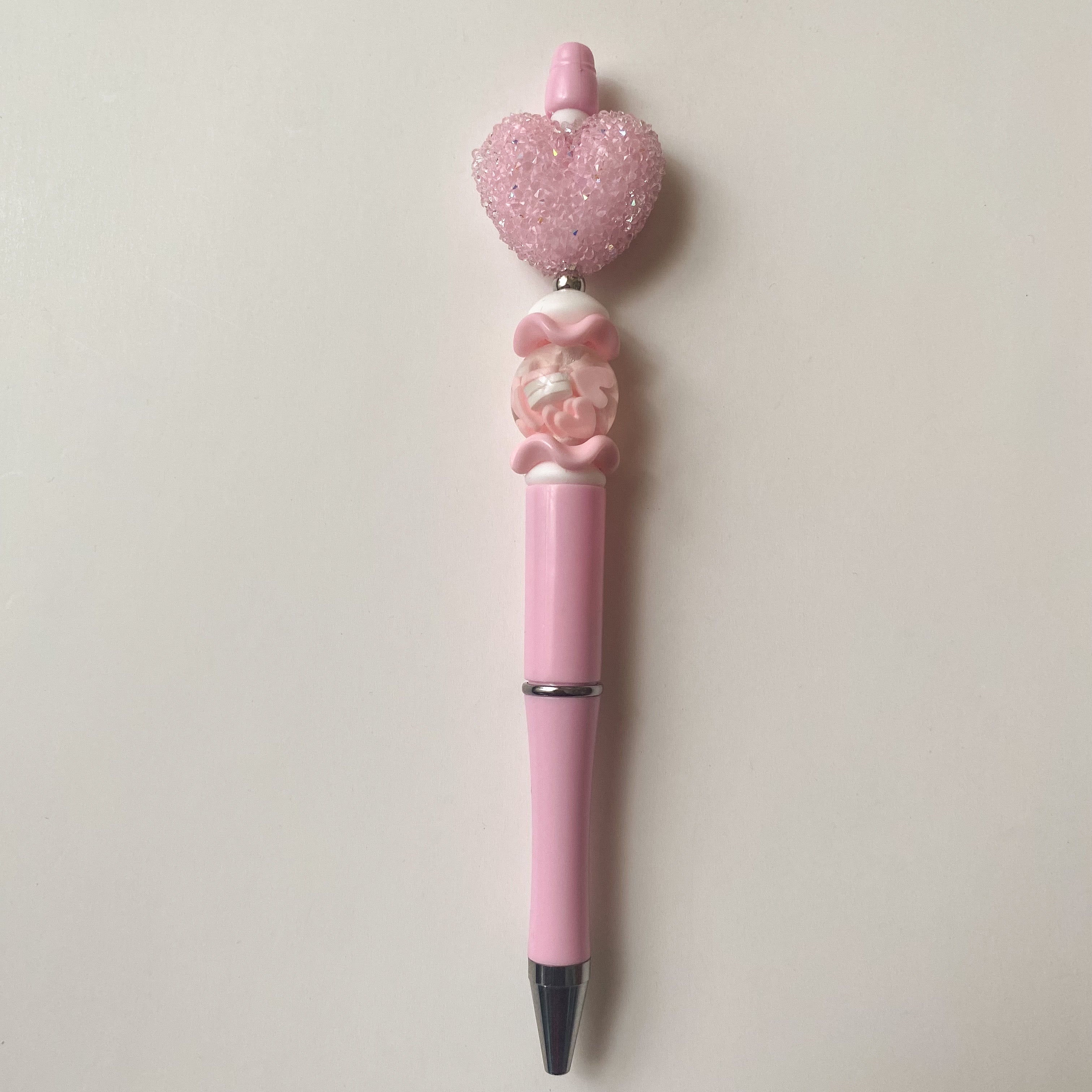 Pink sugar bubblegum heart pen with pink and white accent beads, handmade gift for her