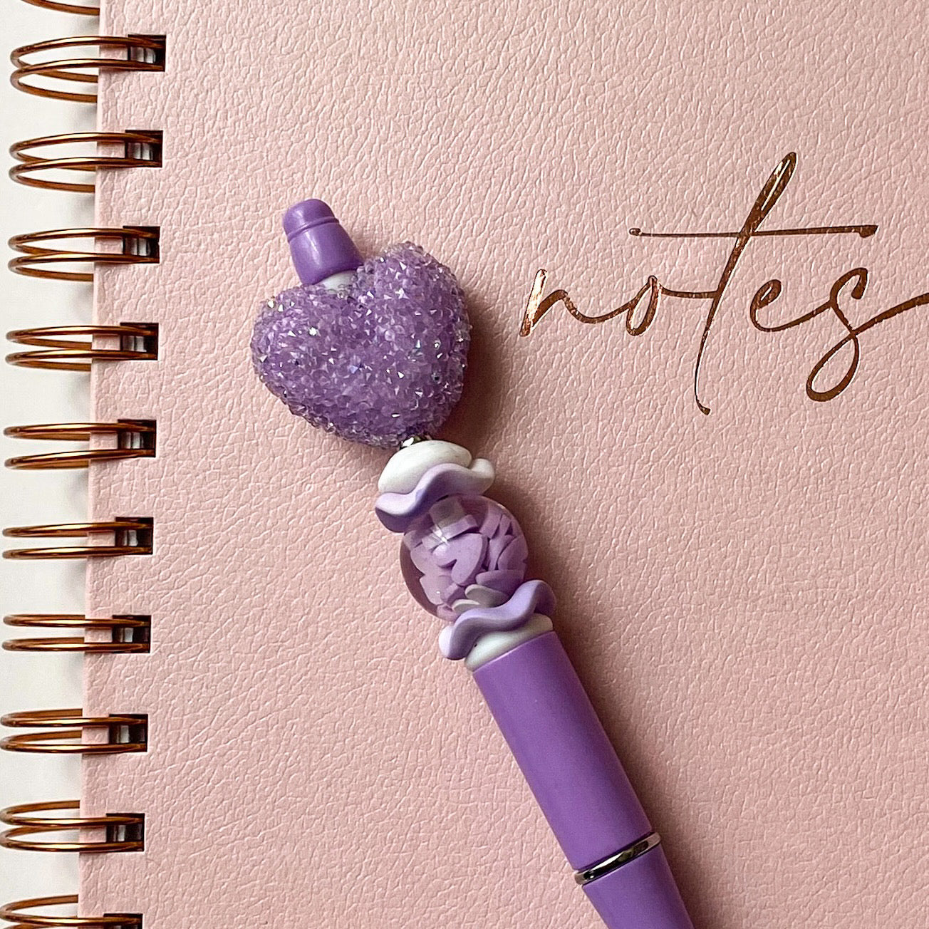 Lavender sugar bubblegum heart pen with purple and white accent beads, handmade gift for her
