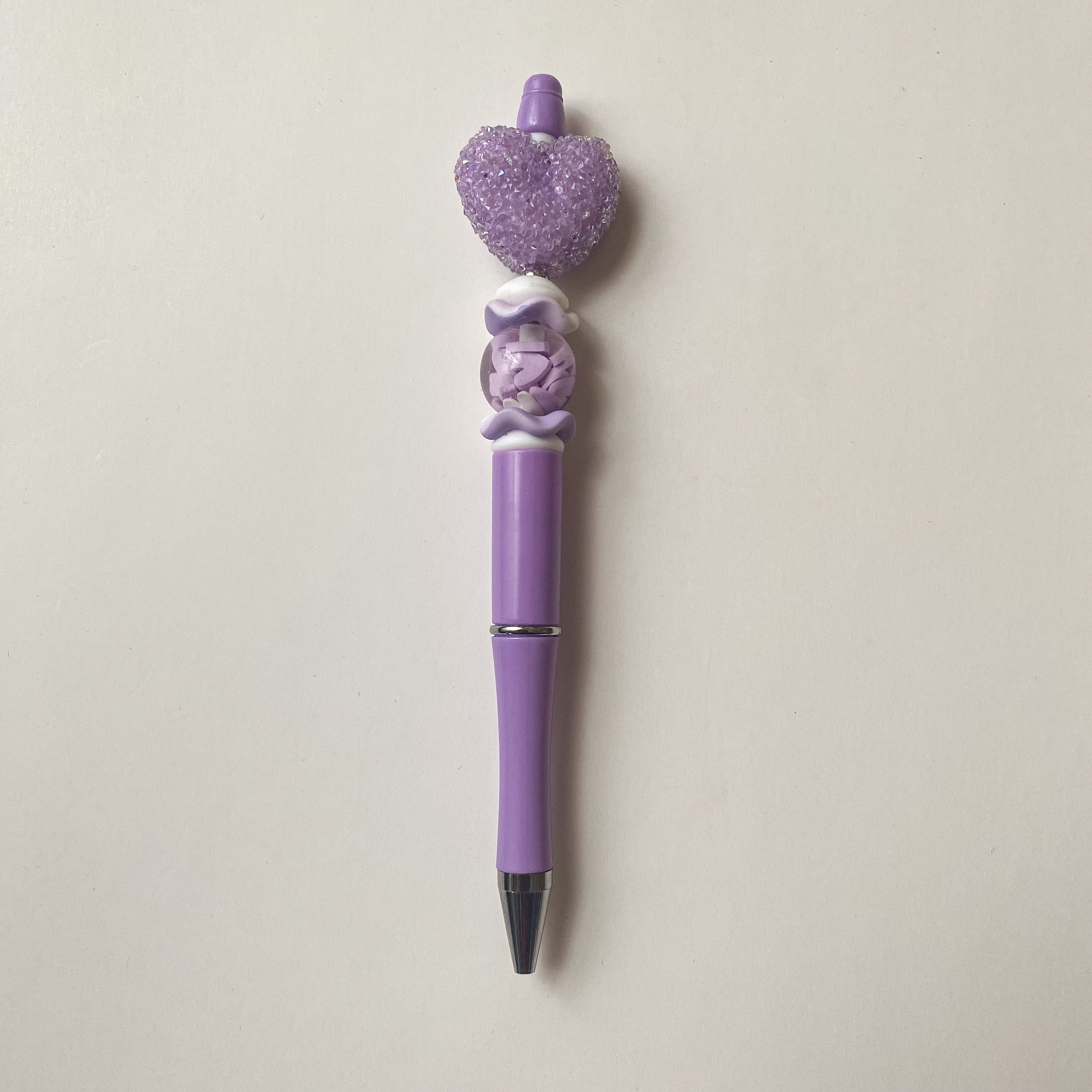 Lavender sugar bubblegum heart pen with purple and white accent beads, handmade gift for her