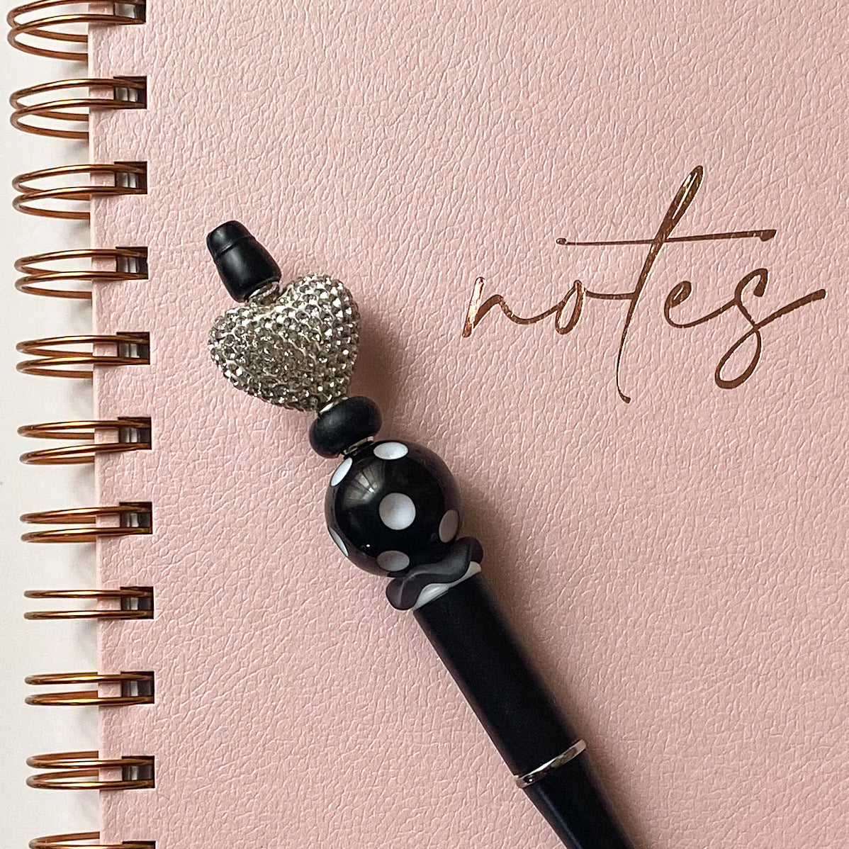 Silver rhinestone heart bling pen with black, white and polka dot accents, handmade gift for her