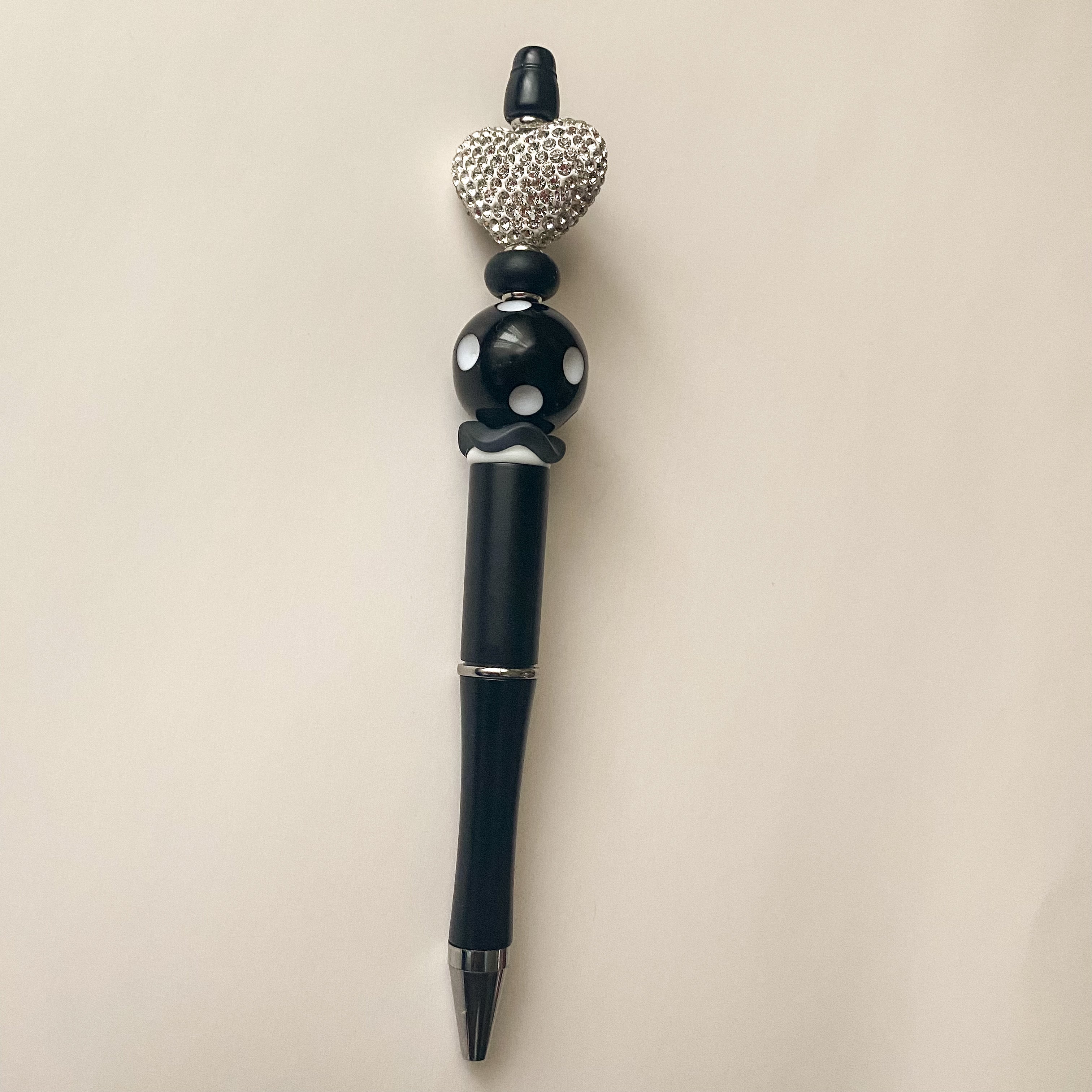 Silver rhinestone heart bling pen with black, white and polka dot accents, handmade gift for her