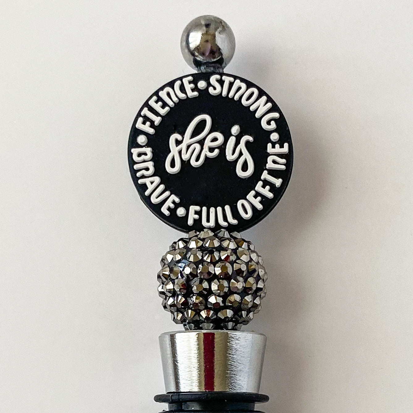 Beaded wine stopper with silver rhinestone bead and decorative woman empowerment focal, handmade gift for her