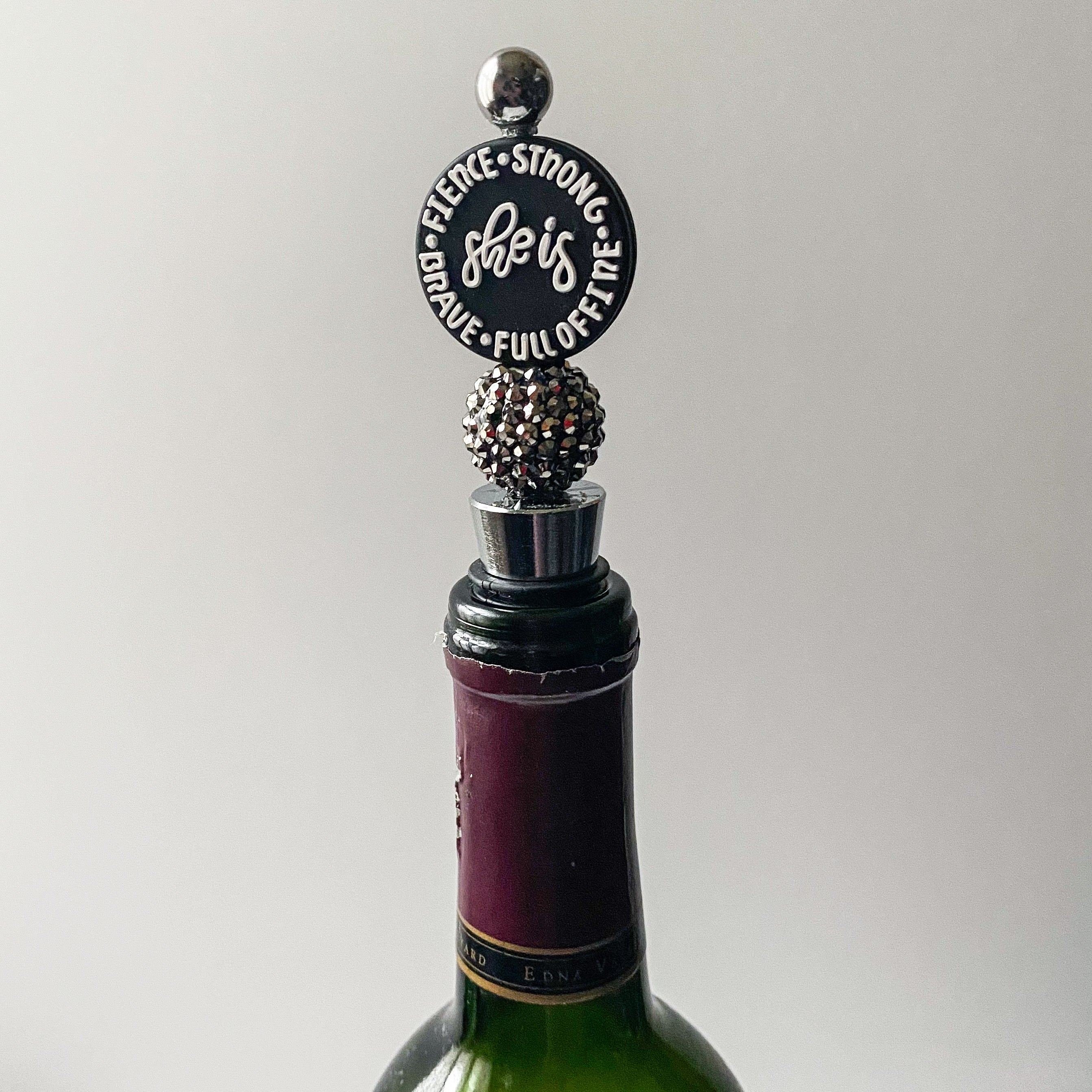 Beaded wine stopper with silver rhinestone bead and decorative woman empowerment focal, handmade gift for her