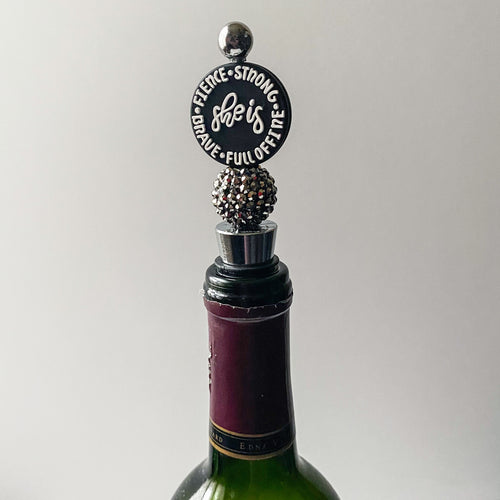 Beaded wine stopper with silver rhinestone bead and decorative woman empowerment focal, handmade gift for her