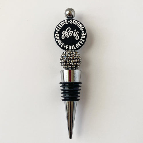 Beaded wine stopper with silver rhinestone bead and decorative woman empowerment focal, handmade gift for her