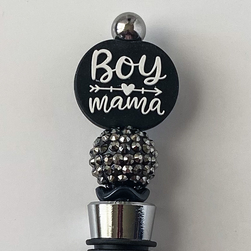 Beaded wine stopper with silver rhinestone bead and decorative boy mama focal, handmade gift for mother