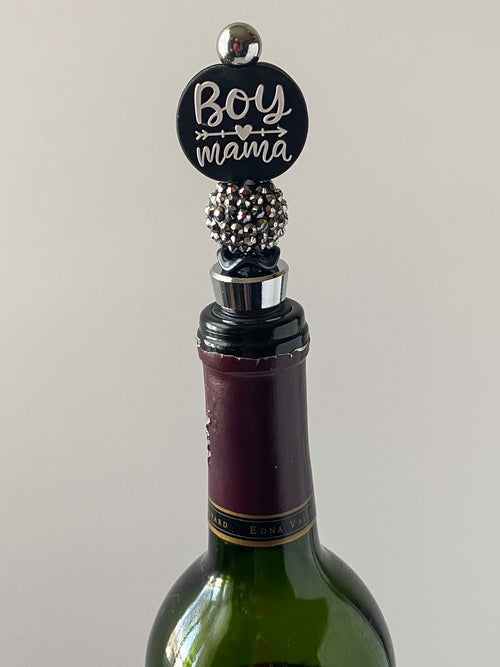 Beaded wine stopper with silver rhinestone bead and decorative boy mama focal, handmade gift for mother