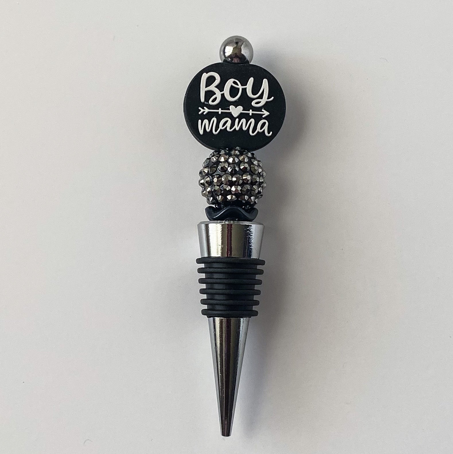 Beaded wine stopper with silver rhinestone bead and decorative boy mama focal, handmade gift for mother
