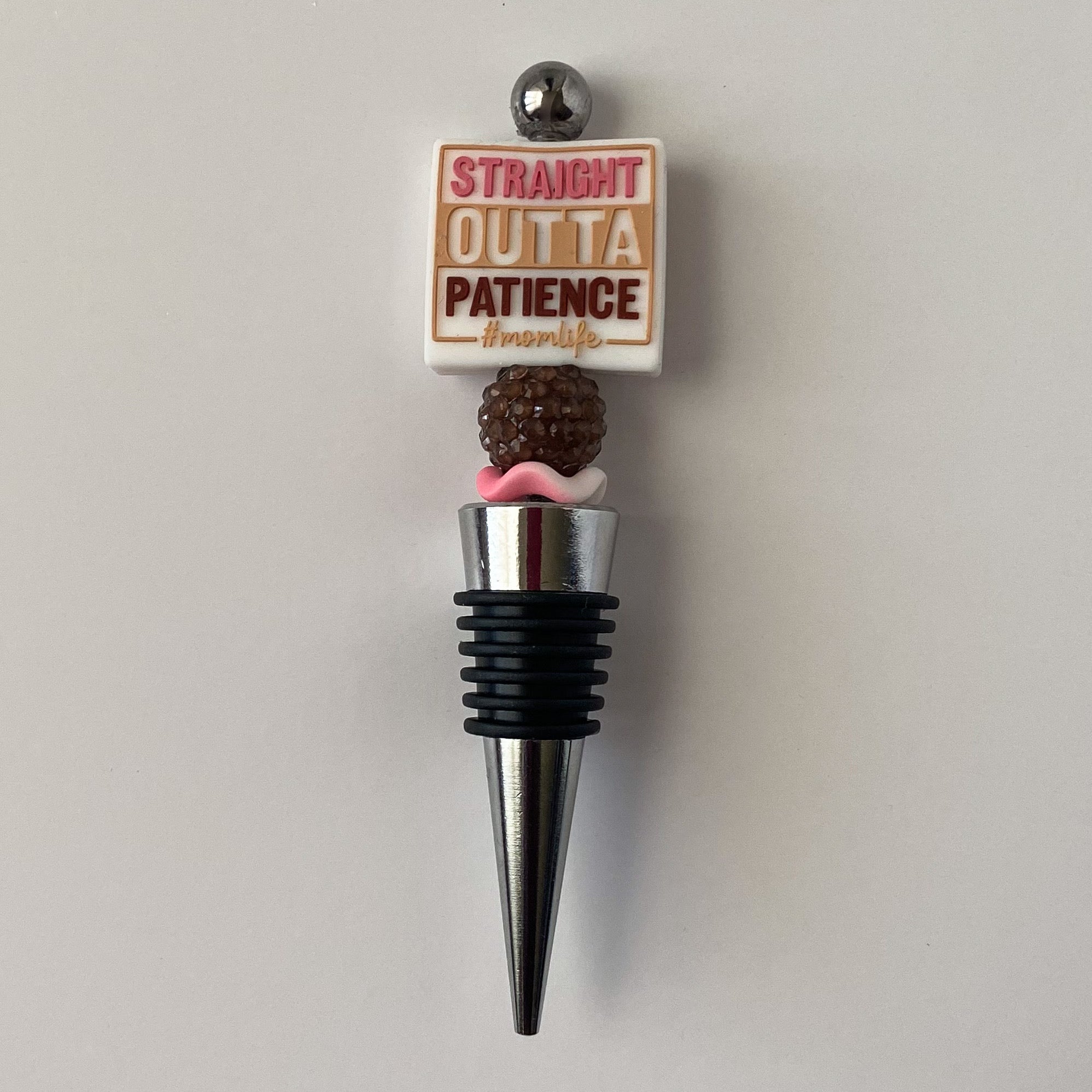 Beaded wine stopper with brown rhinestone bead and decorative mom life focal, handmade gift for mother