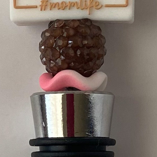Beaded wine stopper with brown rhinestone bead and decorative mom life focal, handmade gift for mother