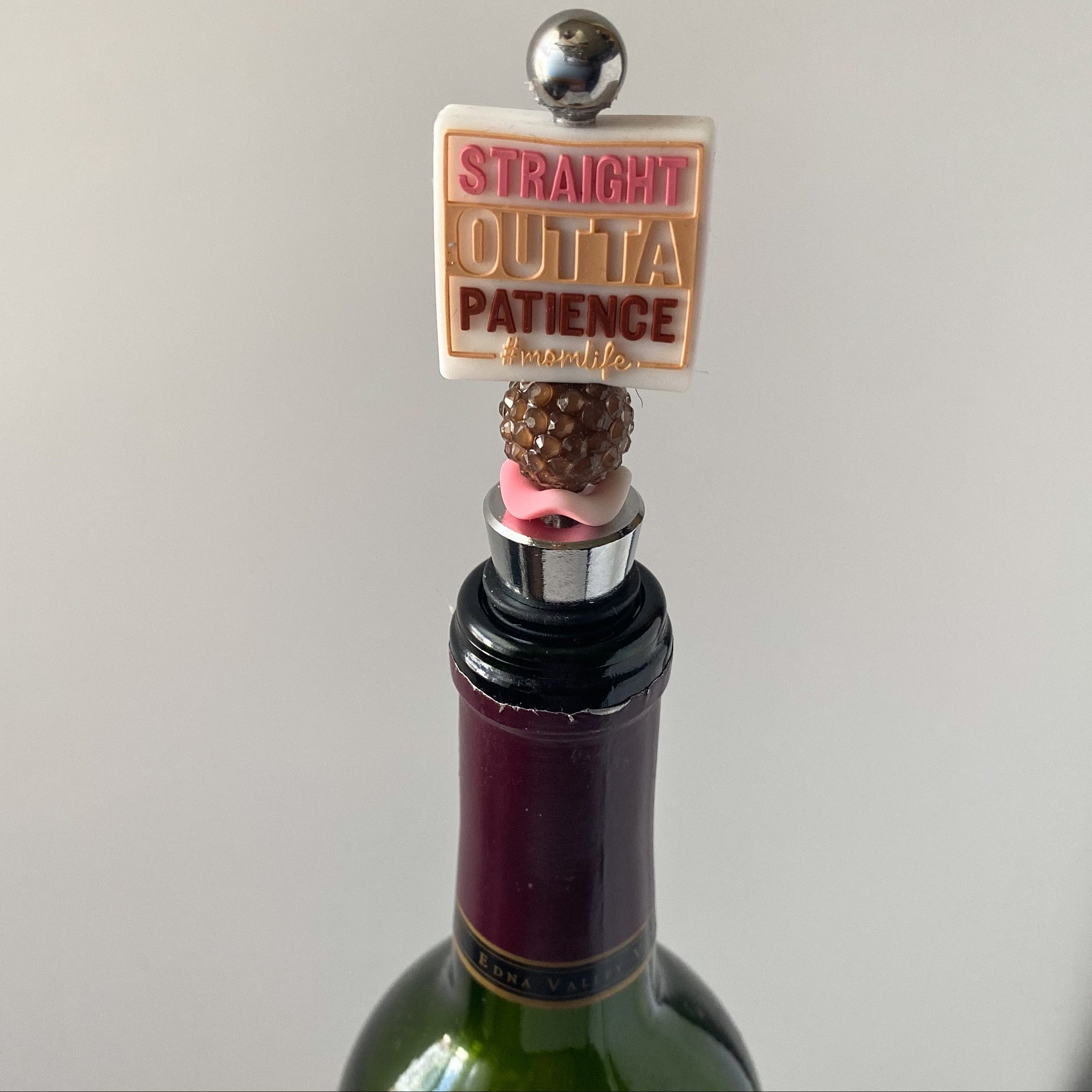 Beaded wine stopper with brown rhinestone bead and decorative mom life focal, handmade gift for mother