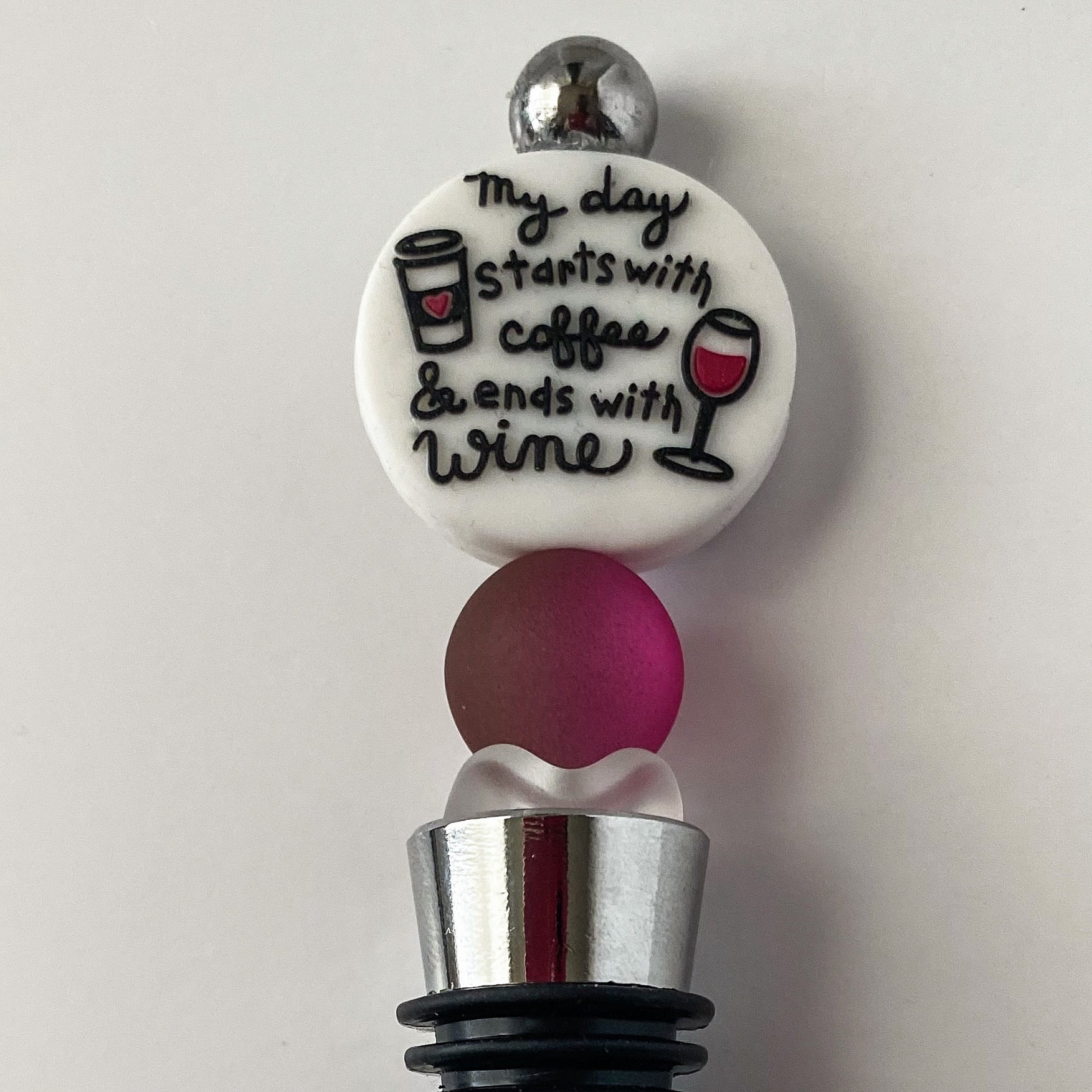 Beaded wine stopper with cat's eye bead and decorative My Day Starts With Coffee & Ends With Wine focal, handmade gift for wine and coffee lovers