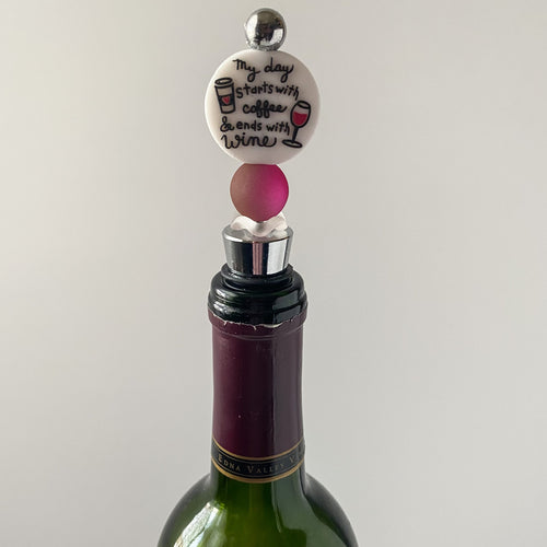 Beaded wine stopper with cat's eye bead and decorative My Day Starts With Coffee & Ends With Wine focal, handmade gift for wine and coffee lovers