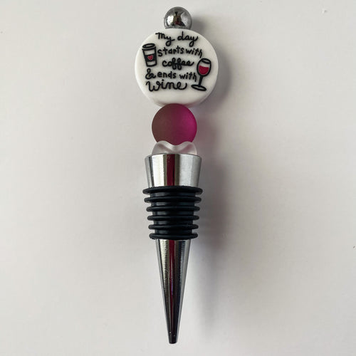 Beaded wine stopper with cat's eye bead and decorative My Day Starts With Coffee & Ends With Wine focal, handmade gift for wine and coffee lovers
