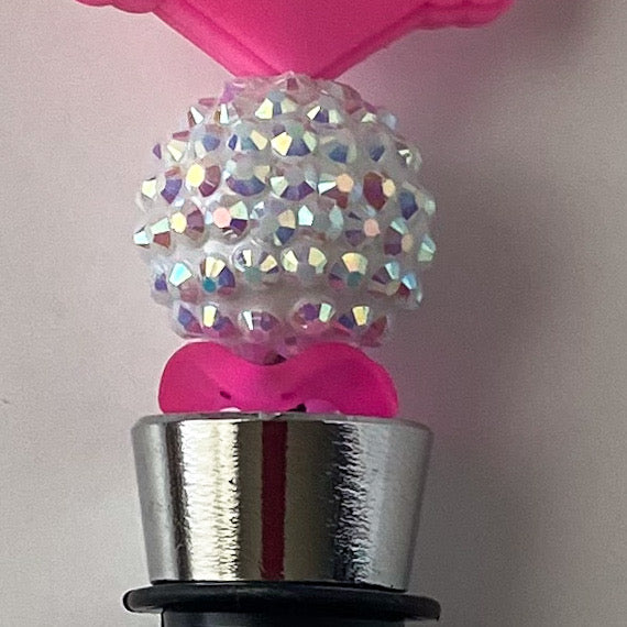 Pink and white girly wine stopper with white AB rhinestone accent beads, handmade gift for wine lovers