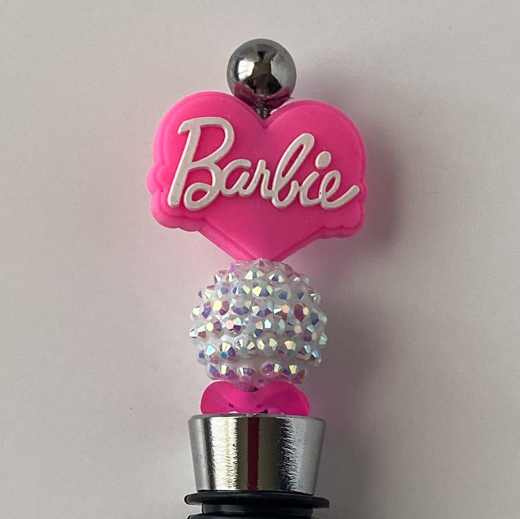 Pink and white girly wine stopper with white AB rhinestone accent beads, handmade gift for wine lovers
