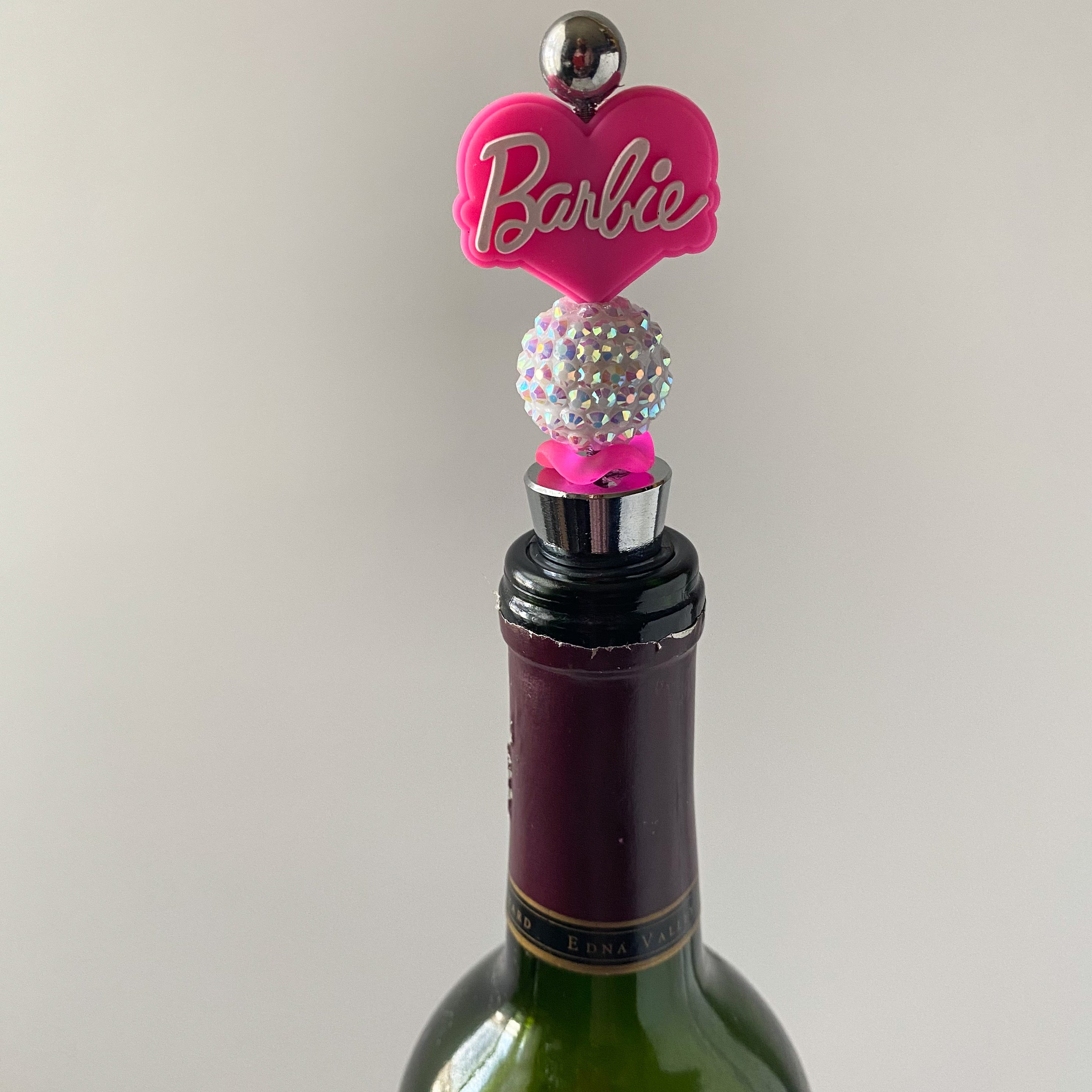 Pink and white girly wine stopper with white AB rhinestone accent beads, handmade gift for wine lovers