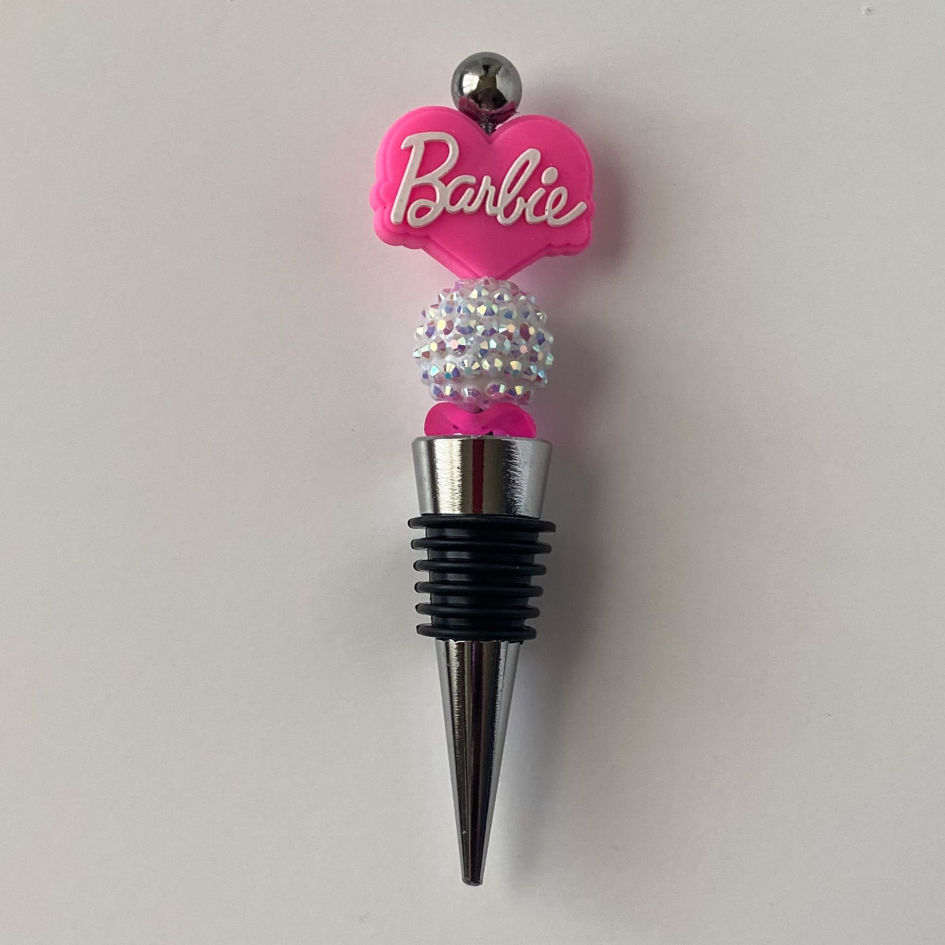 Pink and white girly wine stopper with white AB rhinestone accent beads, handmade gift for wine lovers