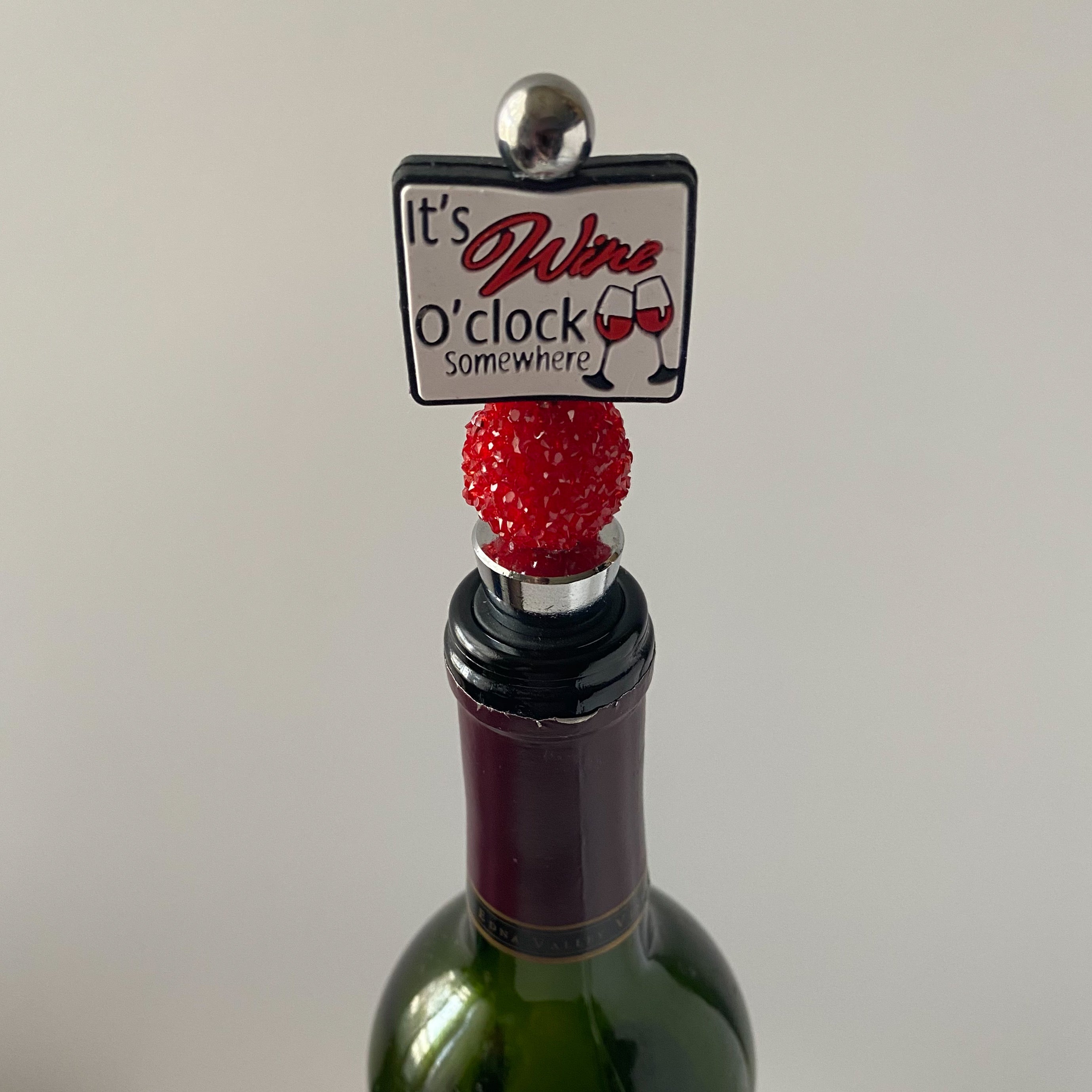 Red and white Wine o'clock wine stopper with red sugar accent bead, handmade gift for wine lovers