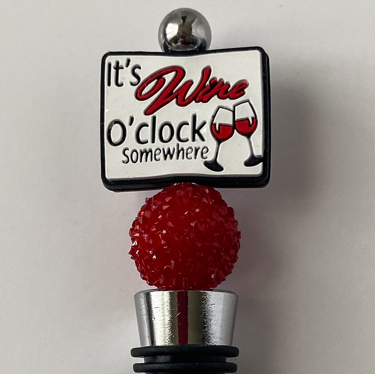 Red and white Wine o'clock wine stopper with red sugar accent bead, handmade gift for wine lovers