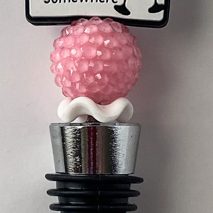 Pink and white wine lover wine stopper with pink rhinestone and accent beads, handmade gift for wine lovers