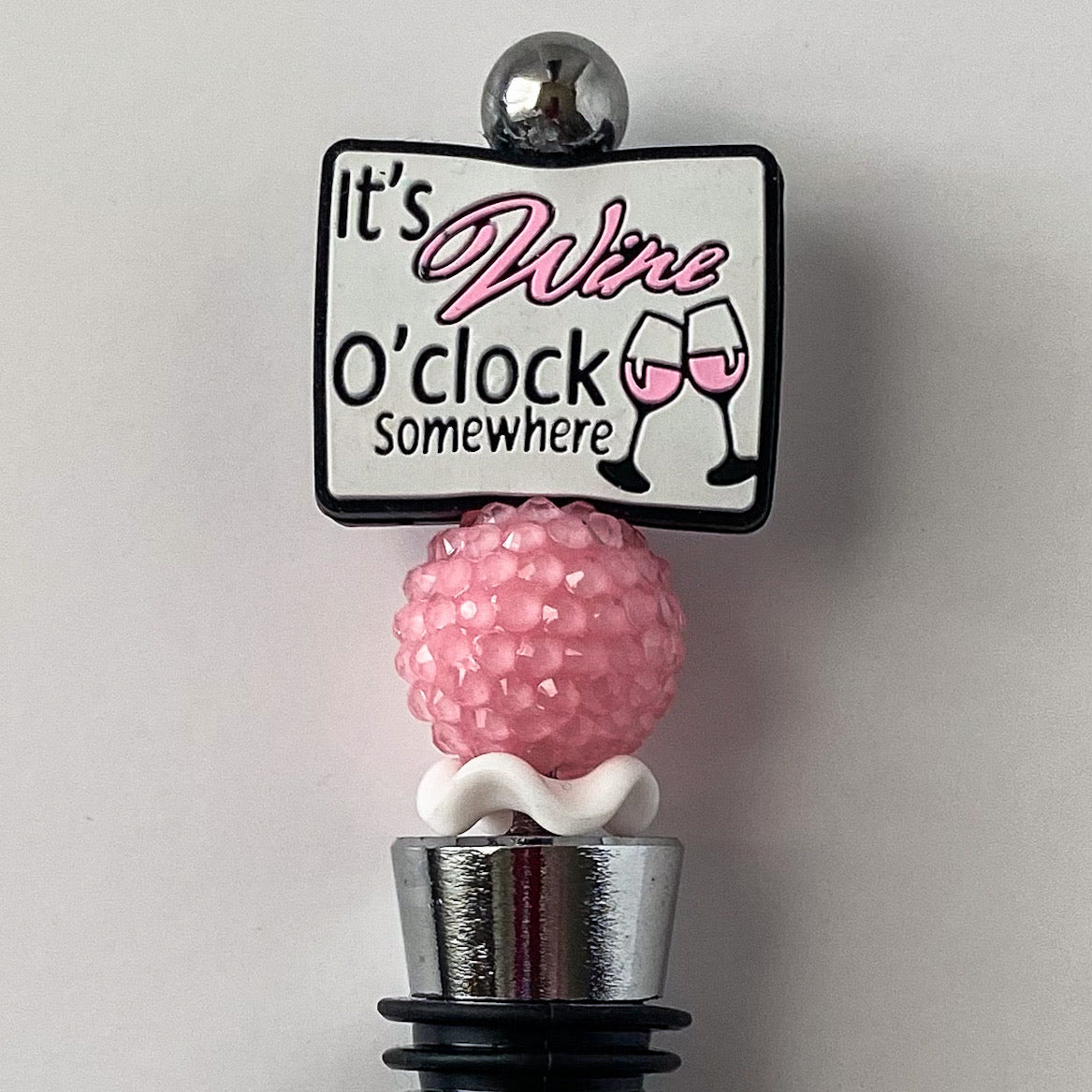 Pink and white wine lover wine stopper with pink rhinestone and accent beads, handmade gift for wine lovers