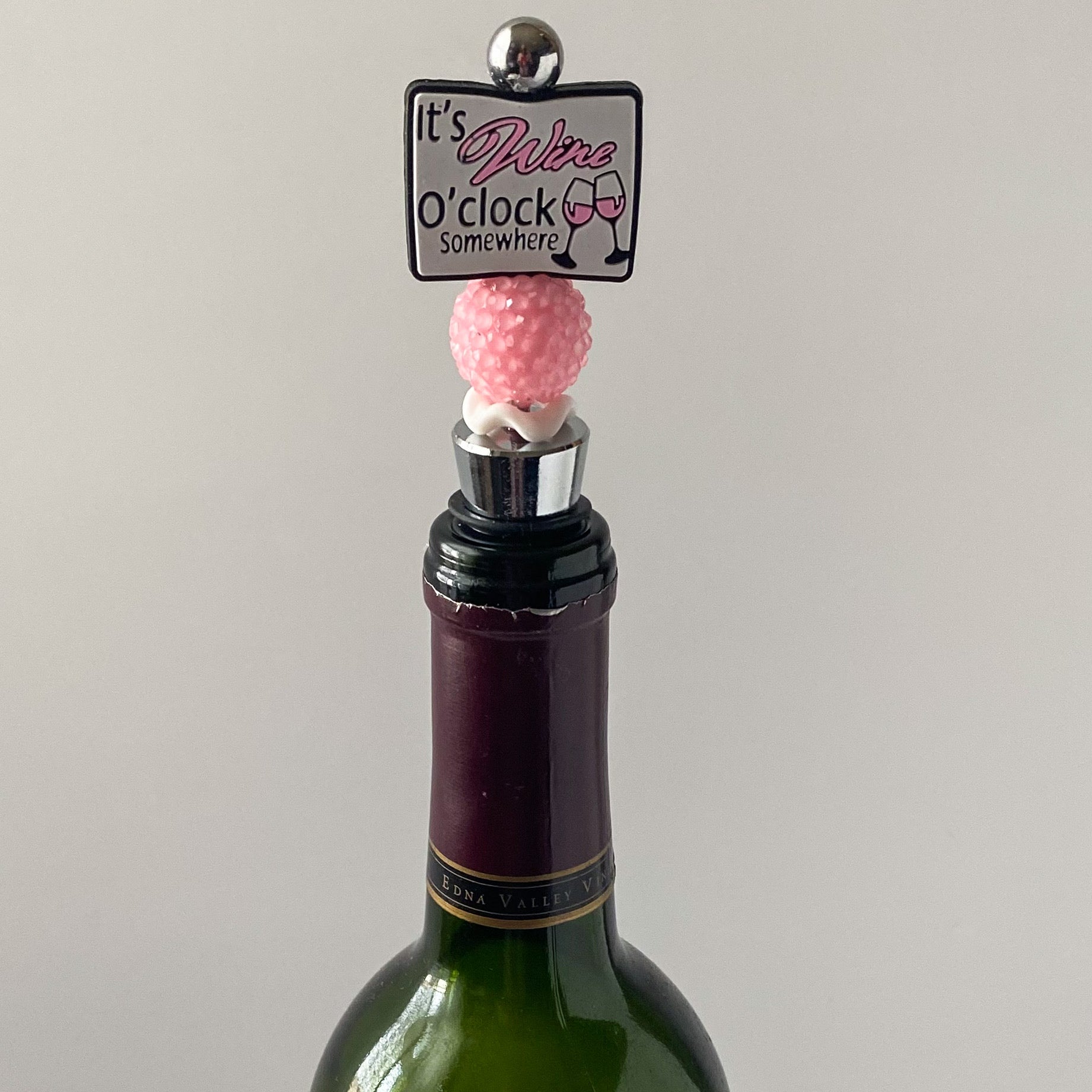 Pink and white wine lover wine stopper with pink rhinestone and accent beads, handmade gift for wine lovers