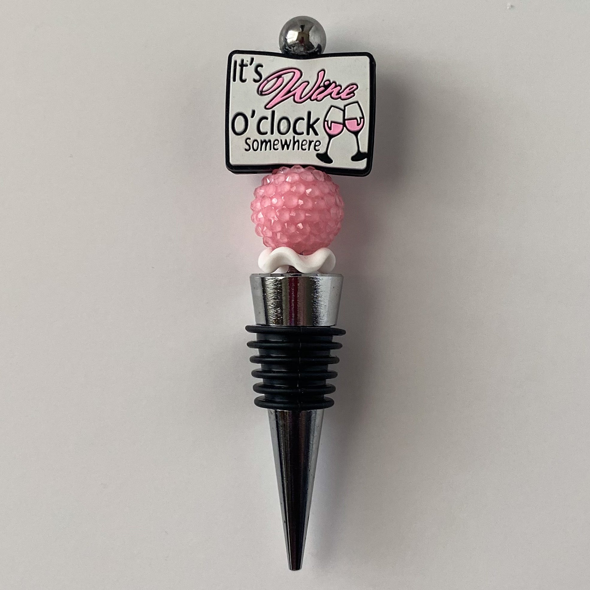 Pink and white wine lover wine stopper with pink rhinestone and accent beads, handmade gift for wine lovers