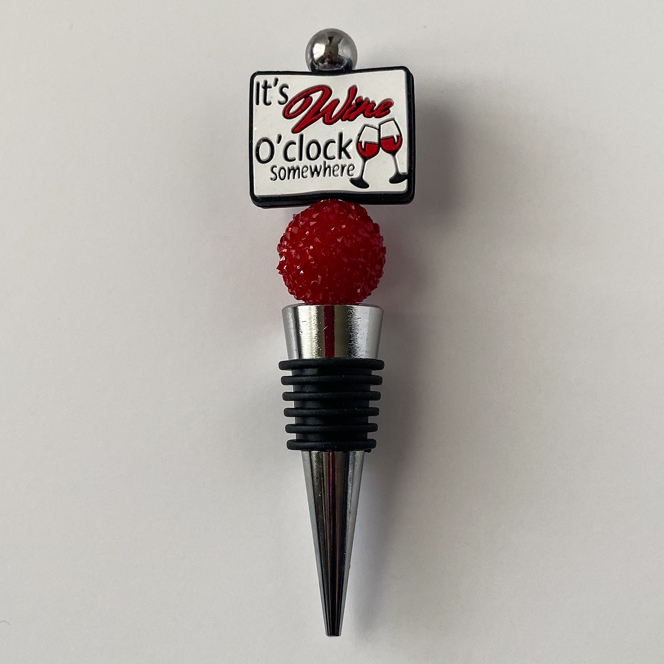 Red and white Wine o'clock wine stopper with red sugar accent bead, handmade gift for wine lovers